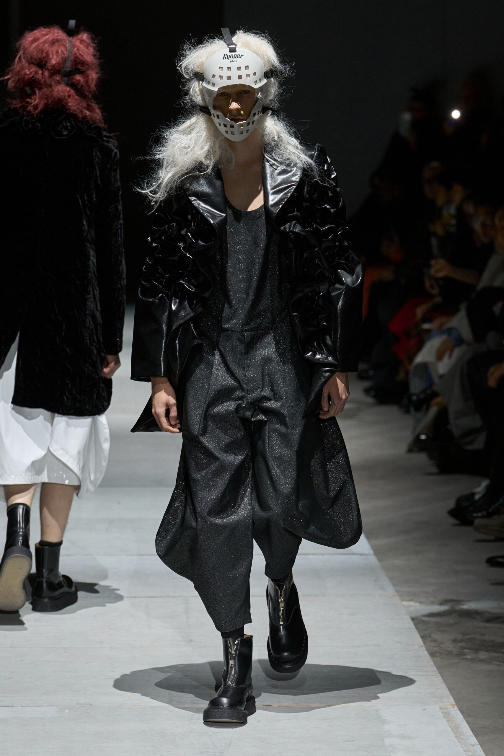 black leather long-sleeve collared relaxed layered ruffled coat