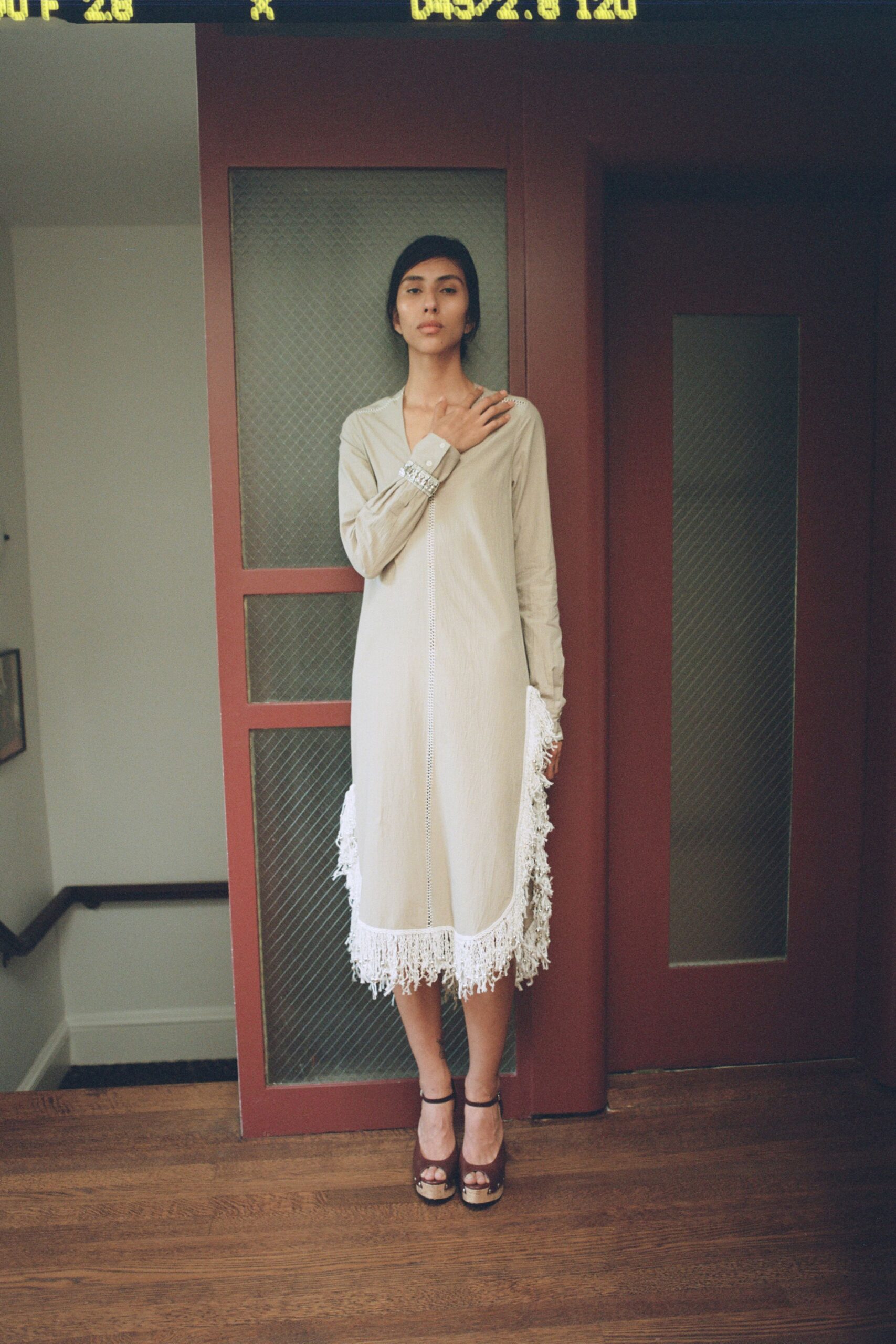 beige cotton long-sleeve collared fitted fringed midi dress