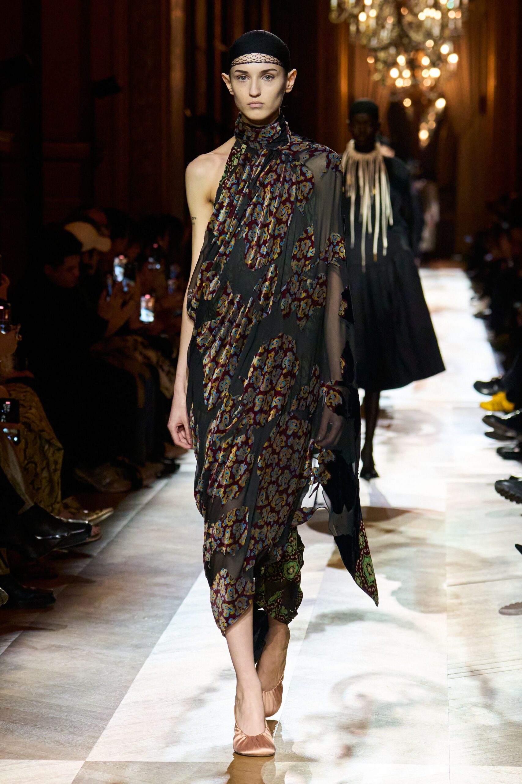 black silk sleeveless asymmetric relaxed floral draped dress
