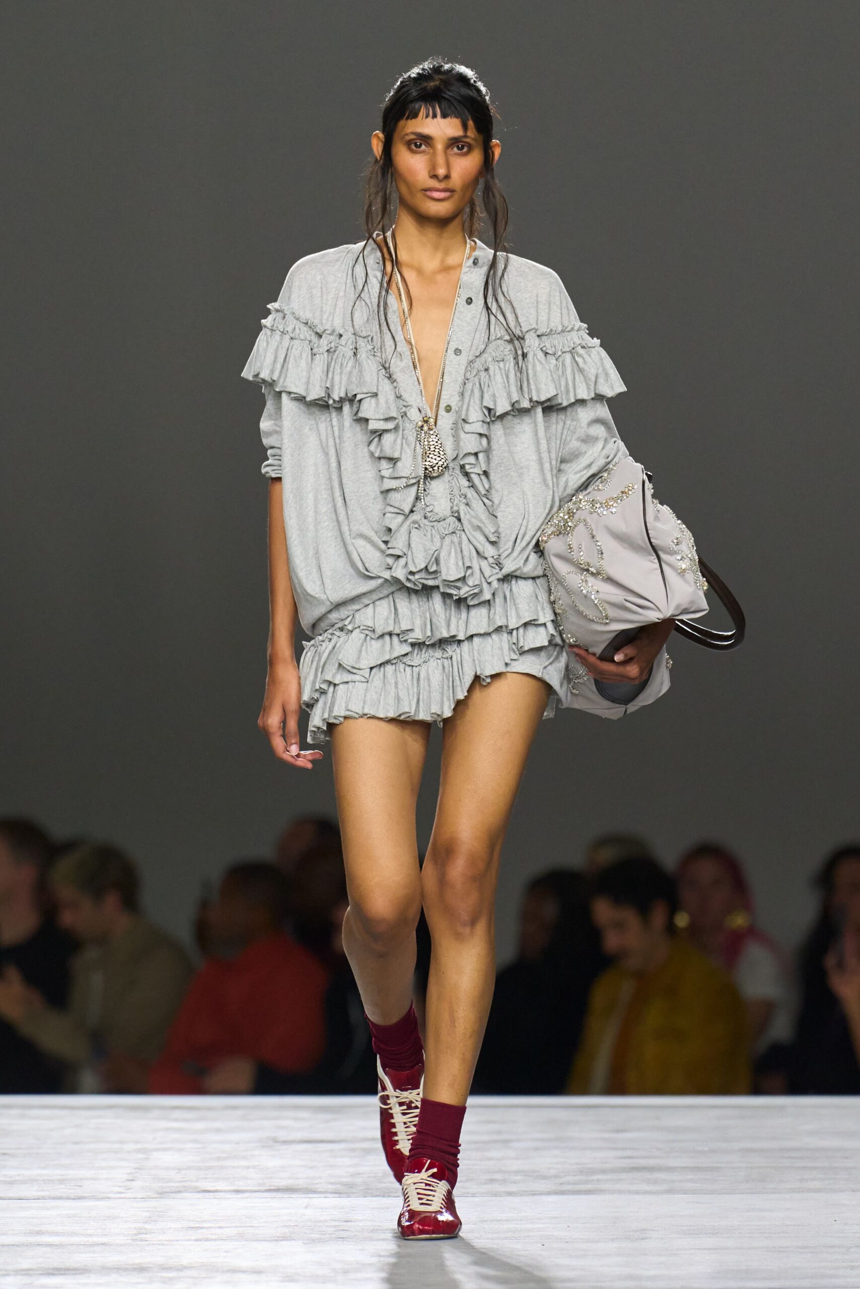 gray cotton long-sleeve v-neck relaxed ruffled mini dress