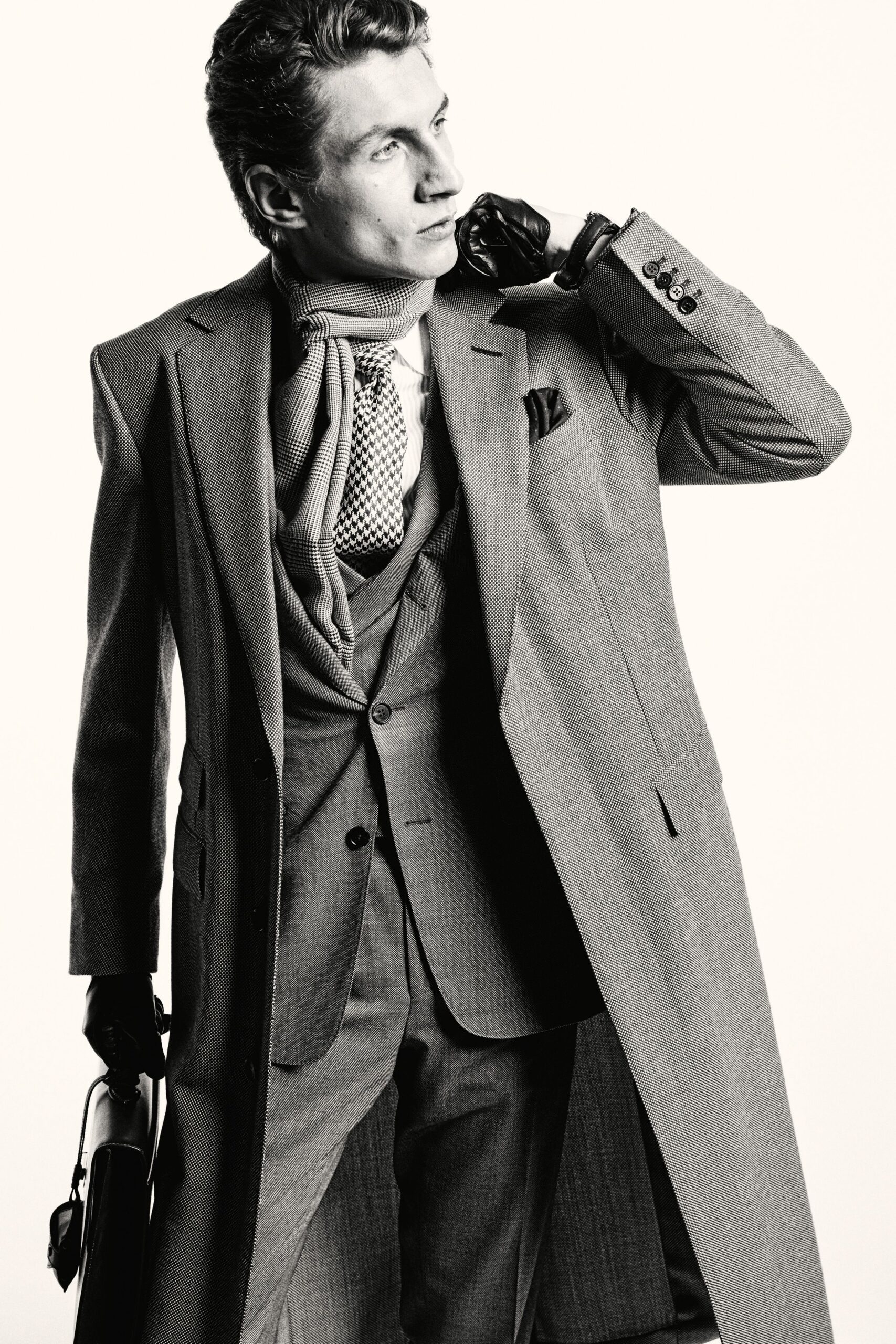 gray tailored suit with accessories