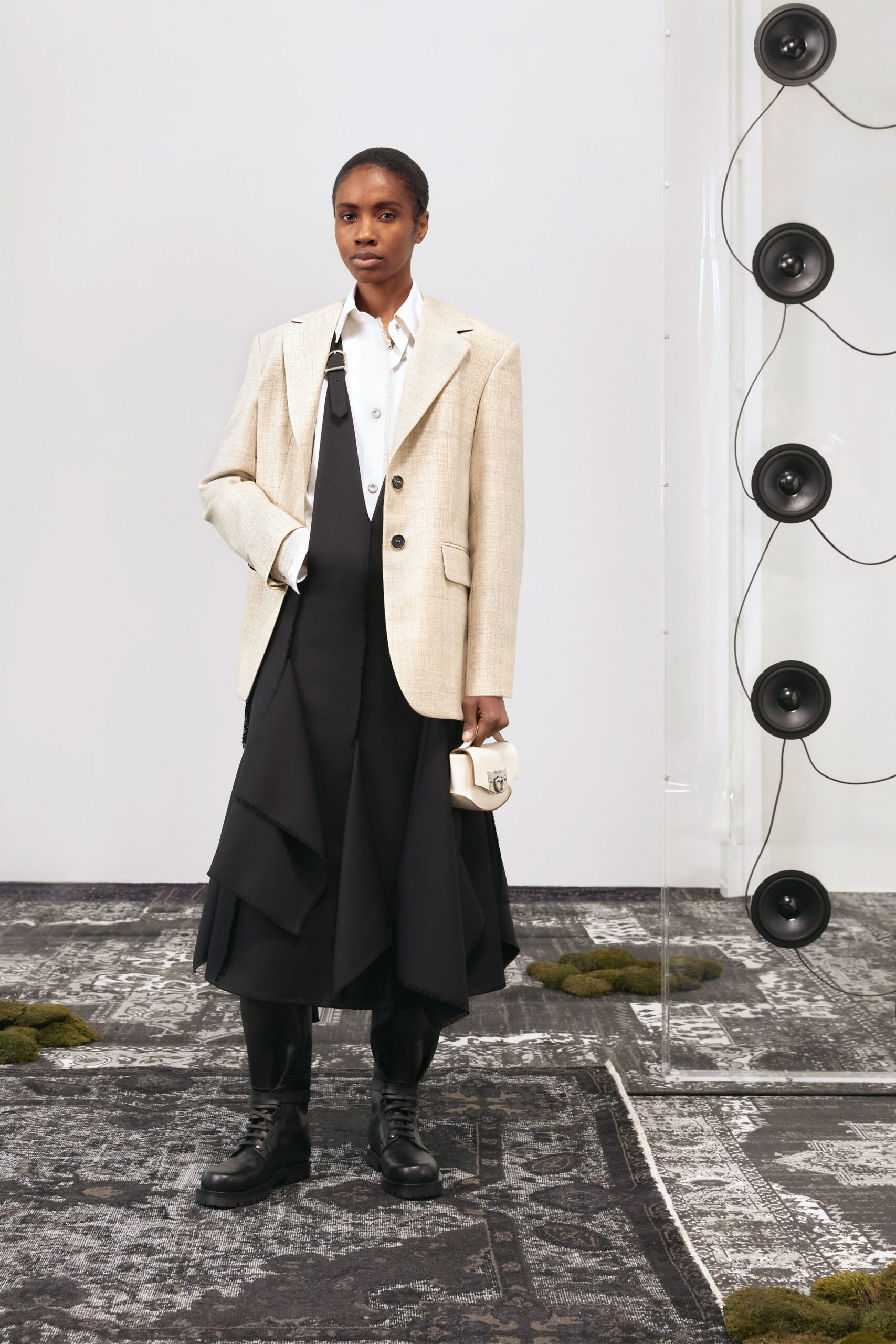 beige blazer black tiered dress