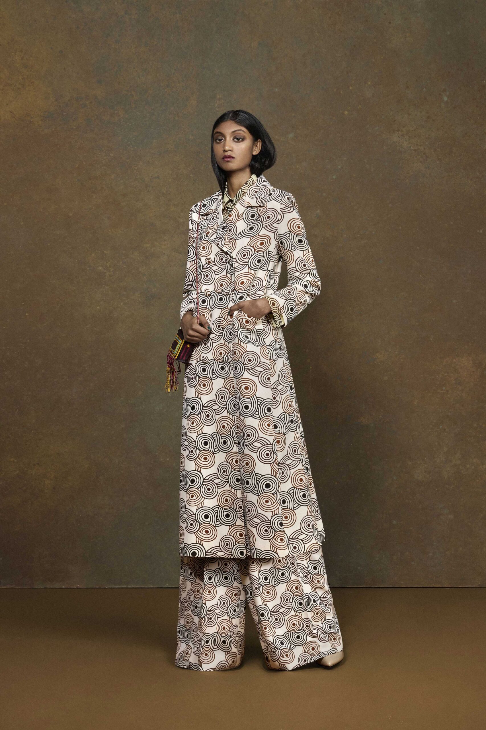 beige cotton long-sleeve collared relaxed printed maxi coat