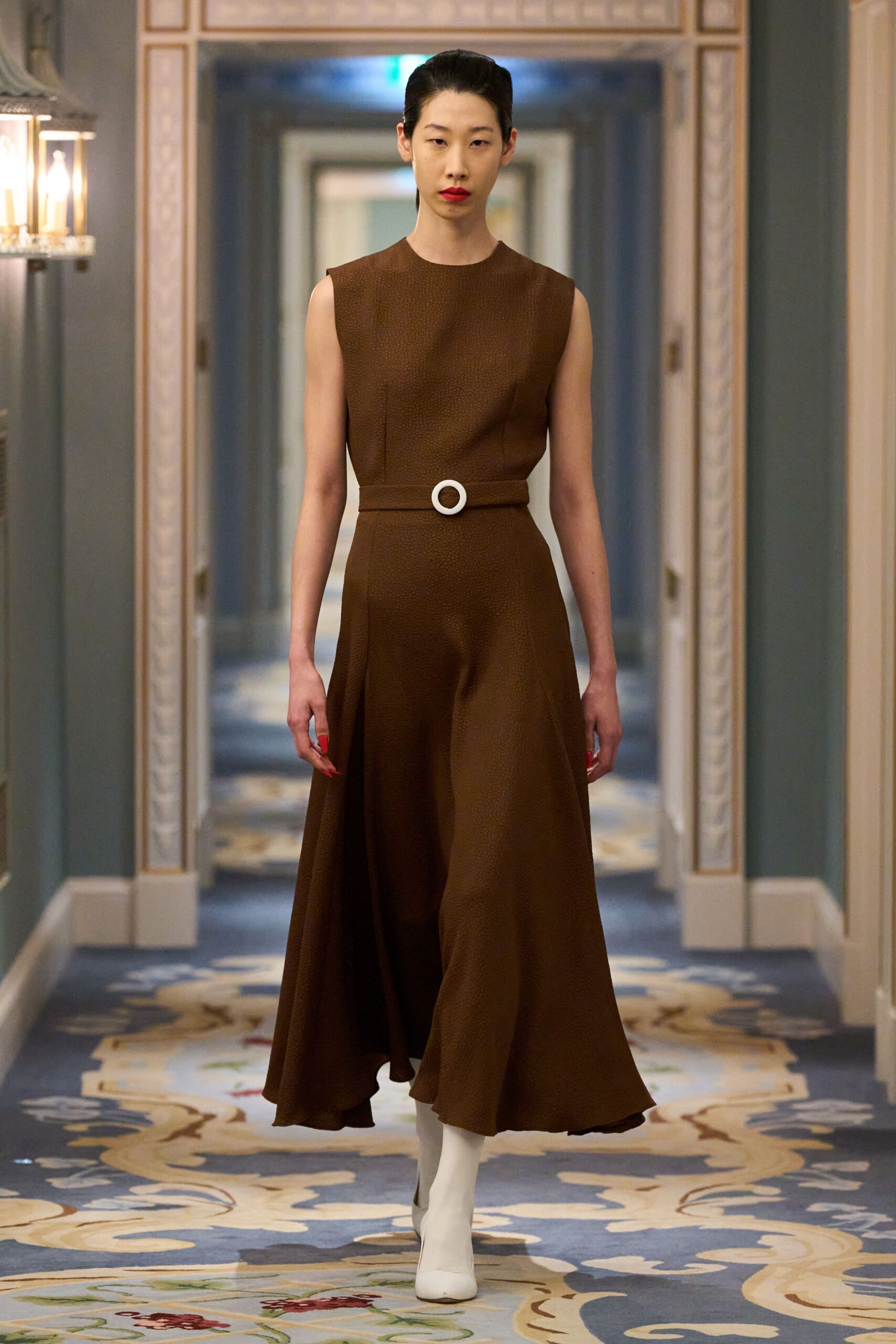 brown cotton sleeveless high-neck fitted tiered belted dress