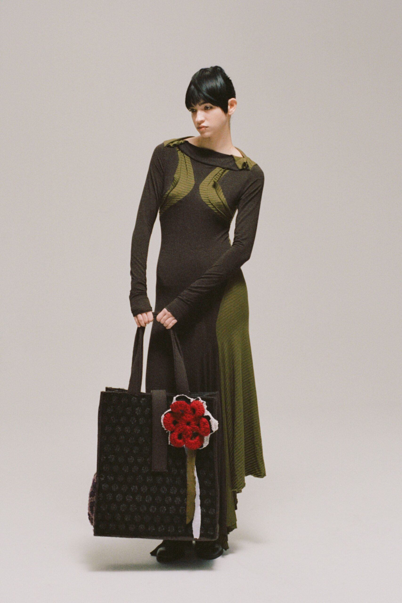 brown green fitted midi dress