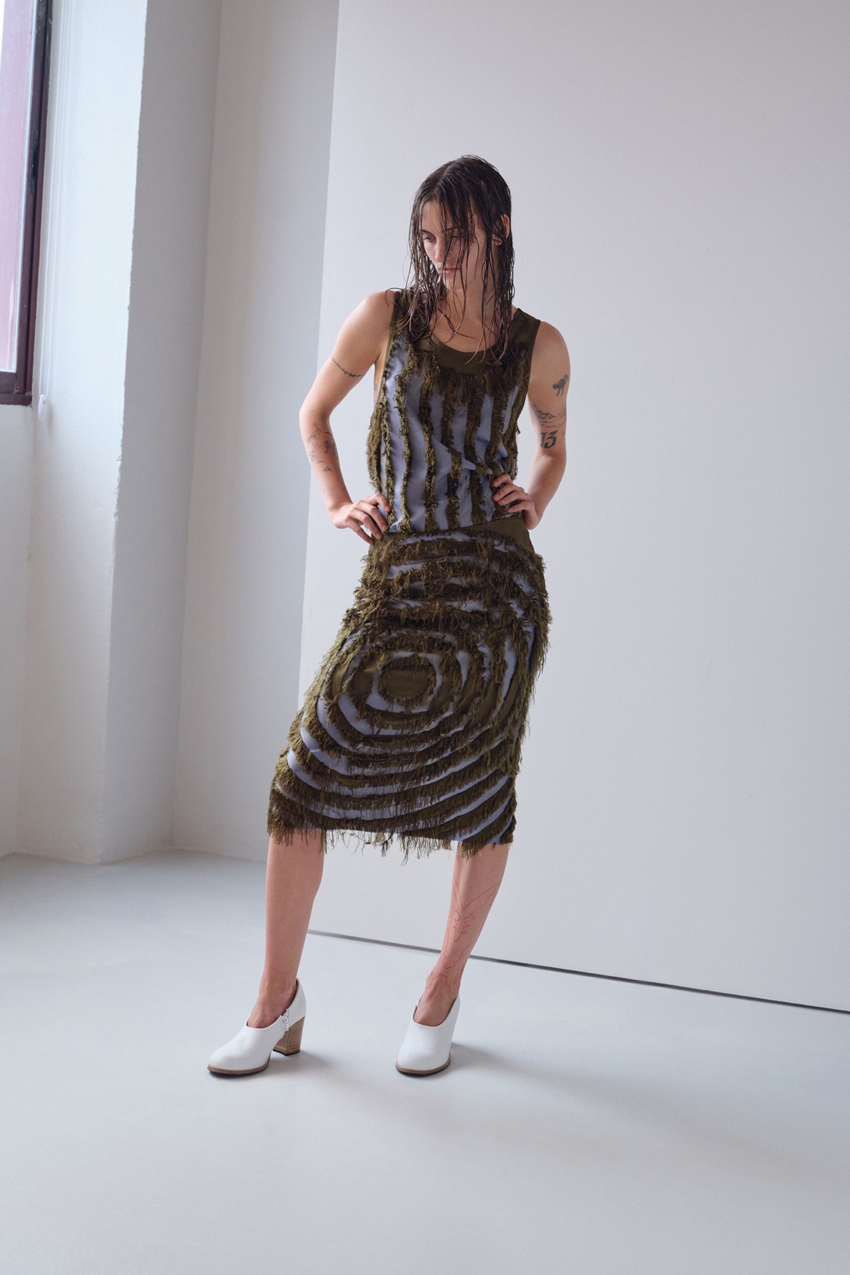gray green layered midi dress with white shoes