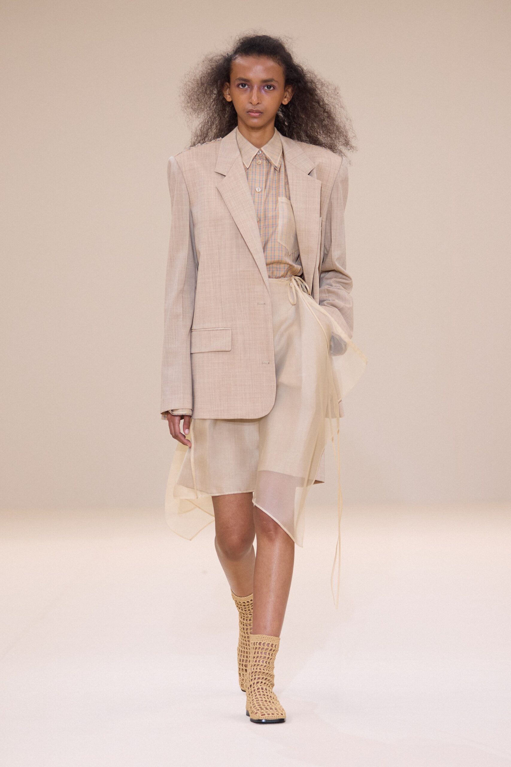 beige tailored blazer and skirt