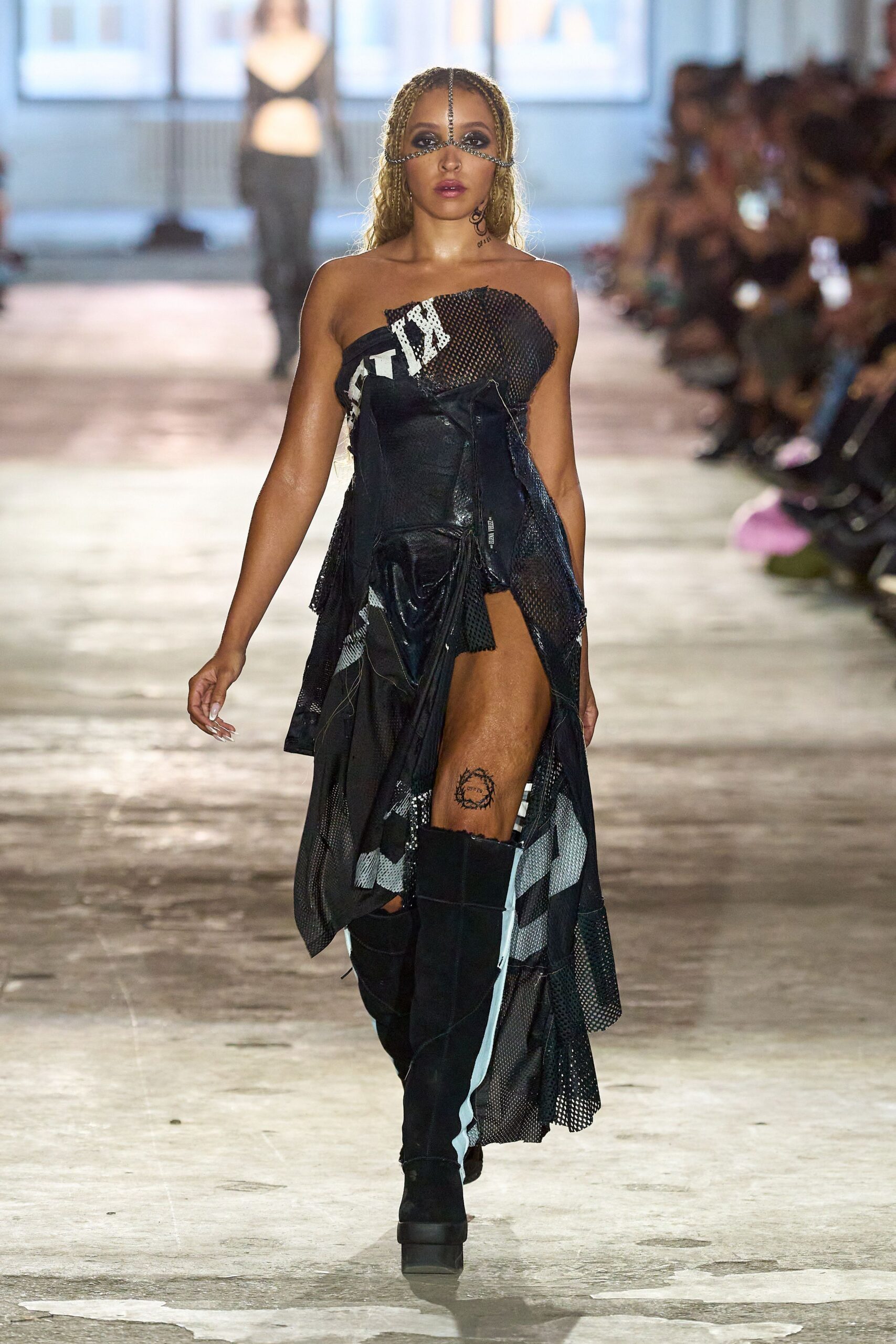 black mesh strapless asymmetric fitted layered midi dress