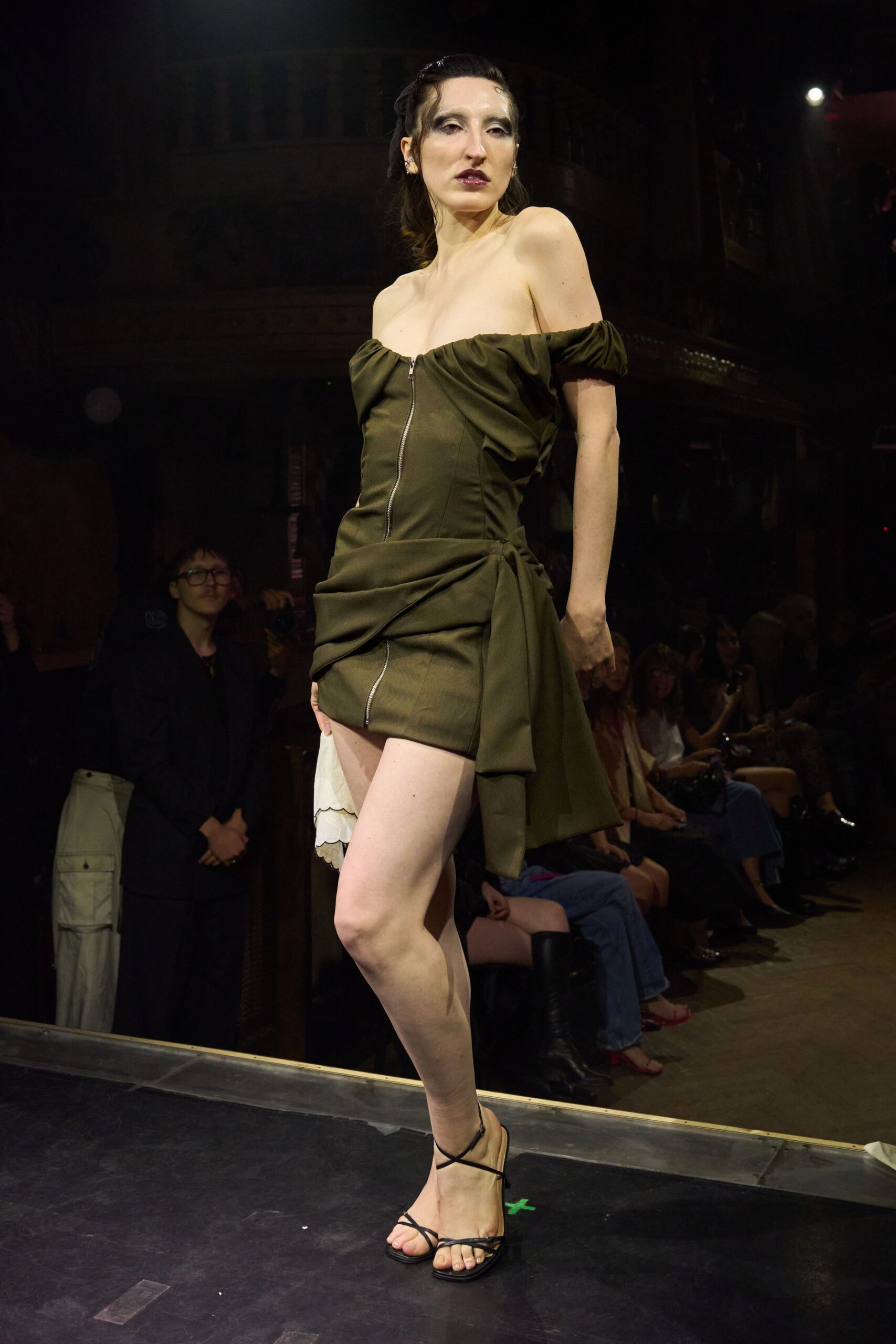 green cotton off-shoulder fitted zippered ruched mini dress