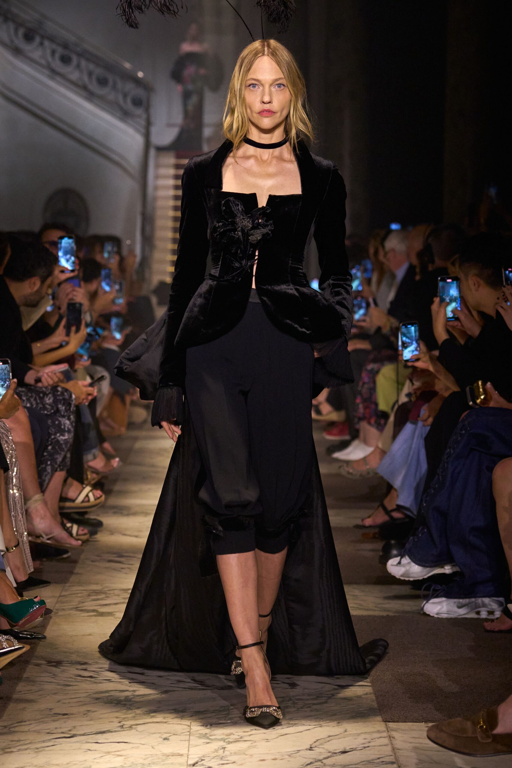 black velvet blazer with wide-leg pants