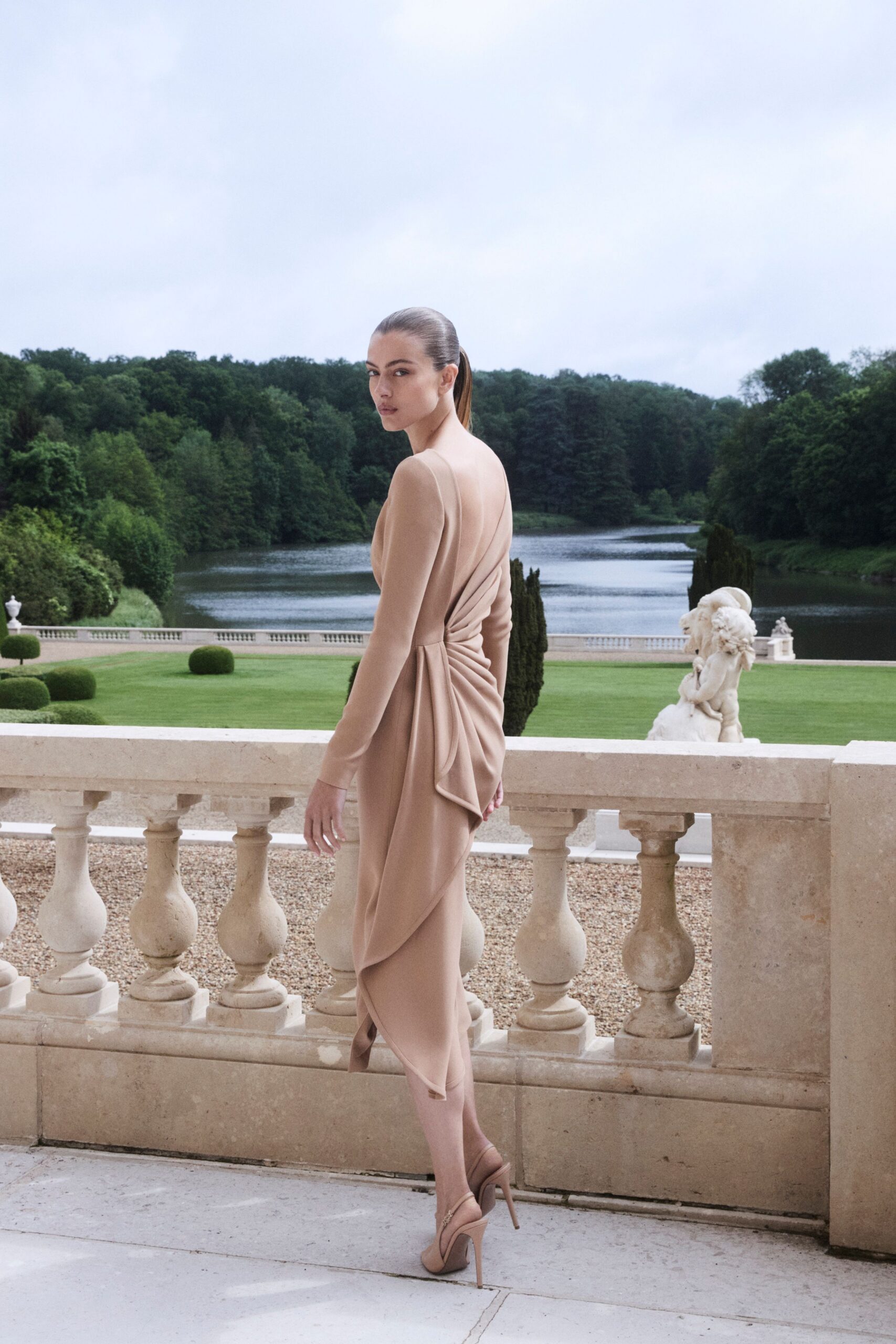 beige silk long-sleeve v-neck fitted draped midi dress