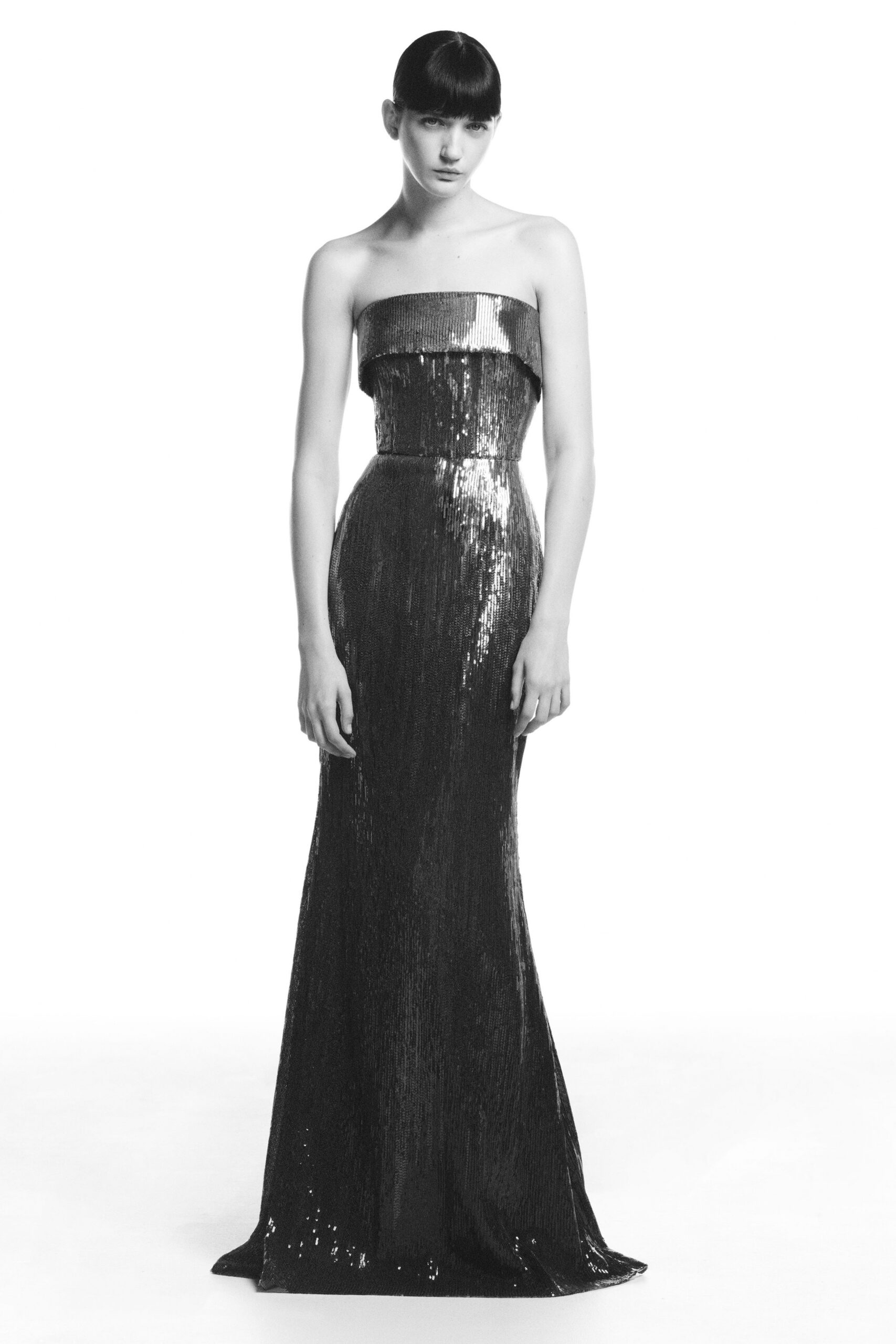 black gold strapless sequin gown