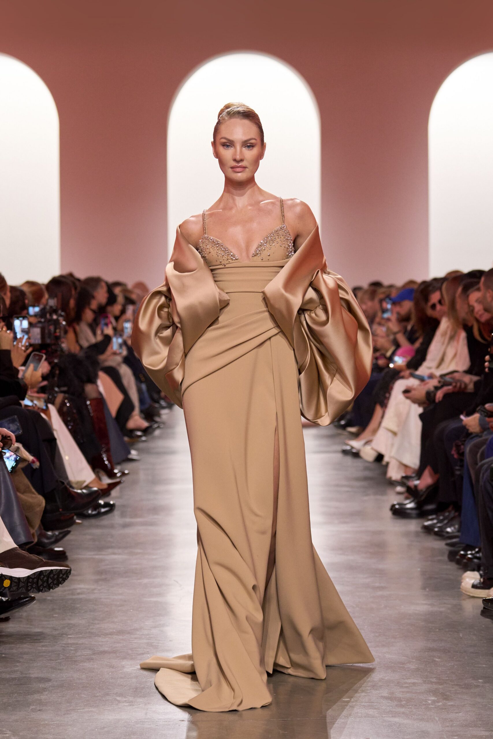 beige silk sleeveless gown