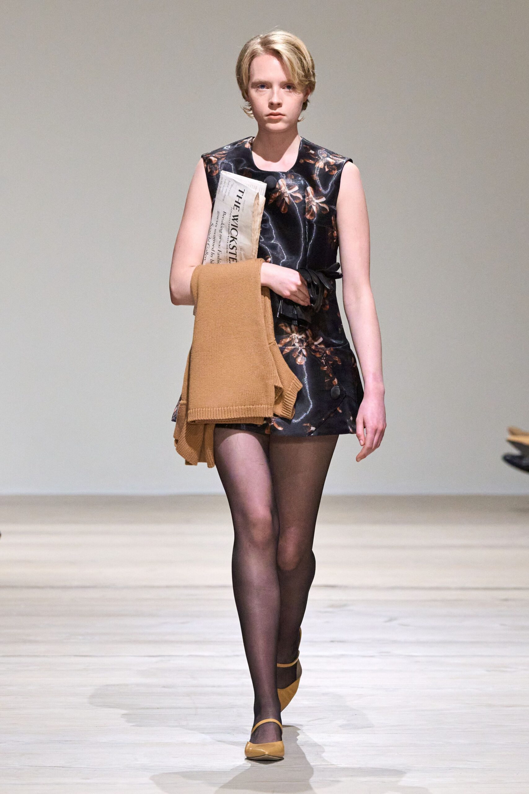 black silk sleeveless high-neck fitted flared short dress
