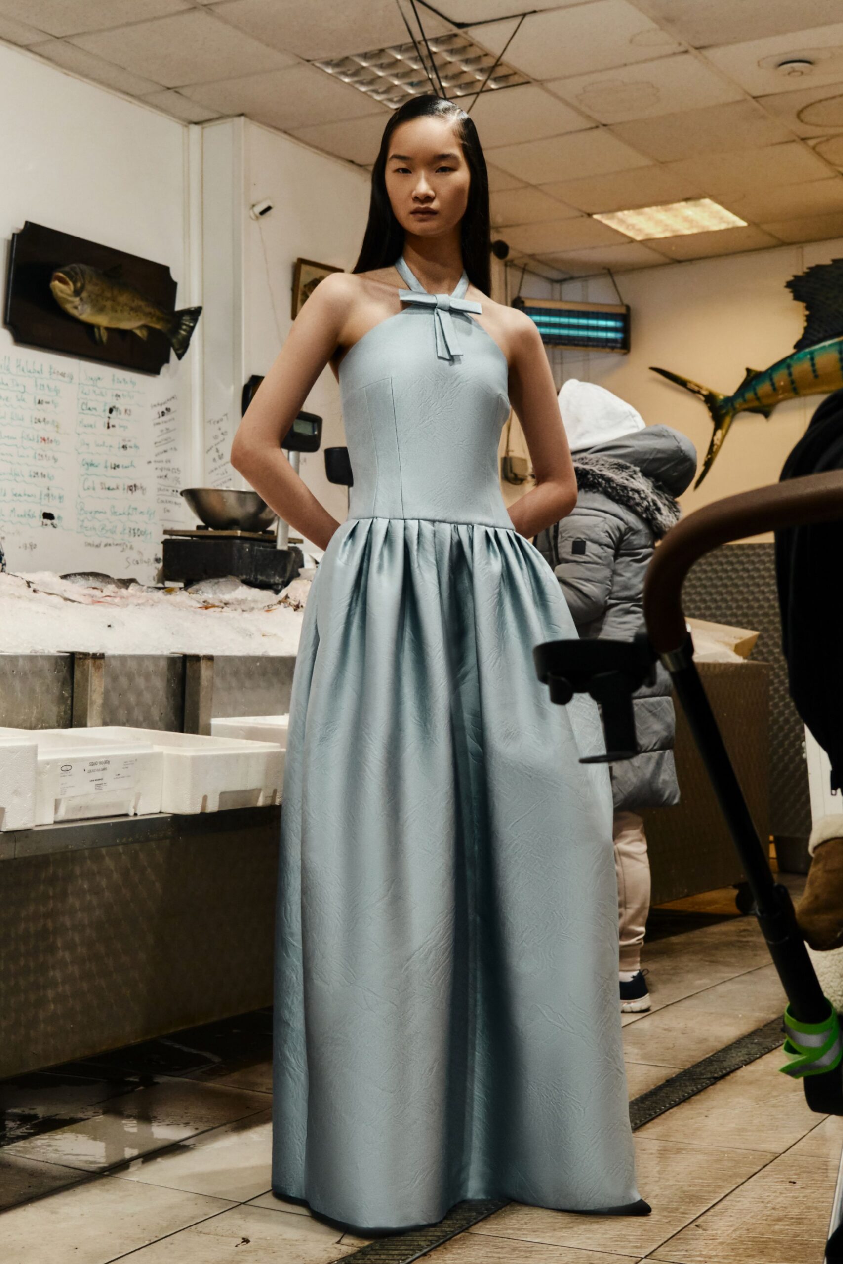 blue silk halter gown