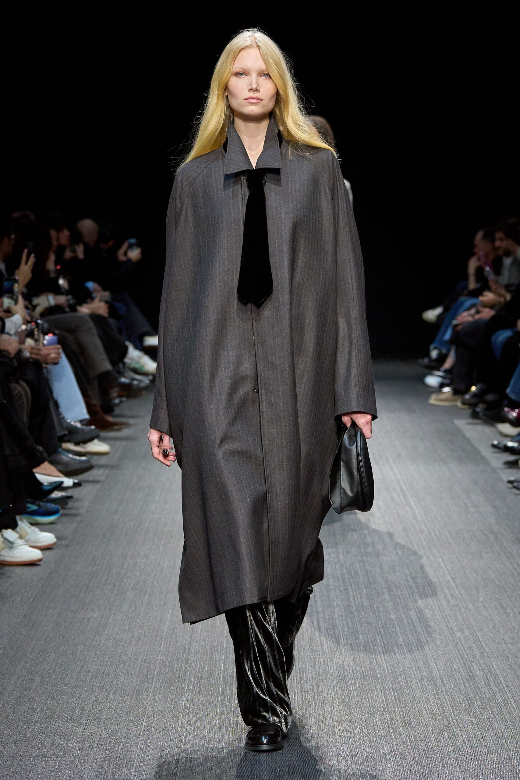 gray wool long-sleeve collared oversized buttoned maxi coat
