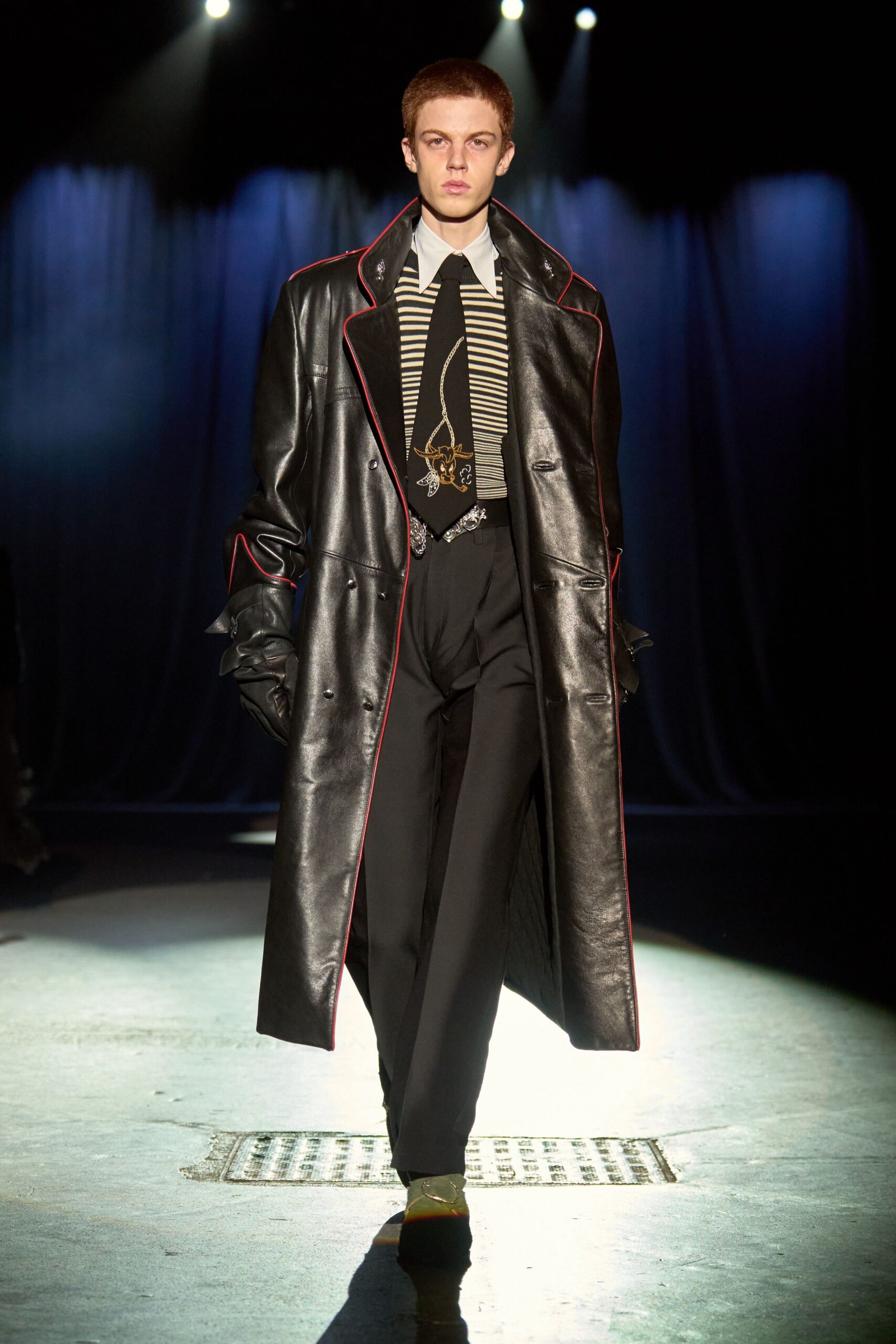 black leather coat with striped shirt