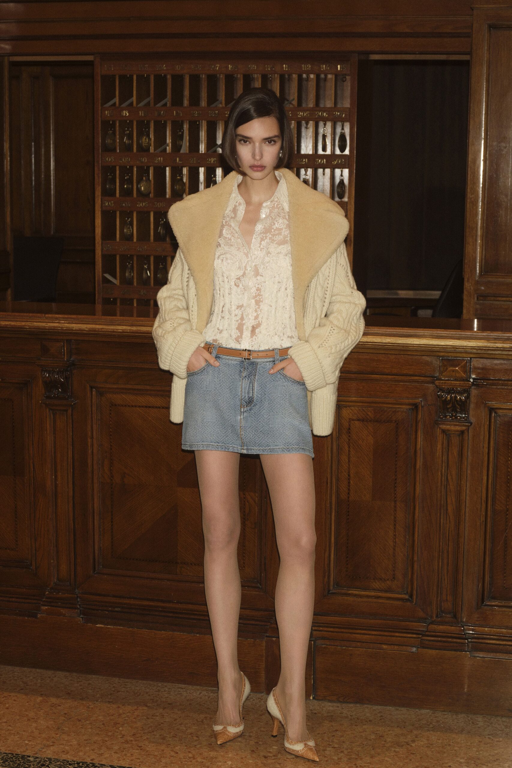 white lace blouse with denim skirt