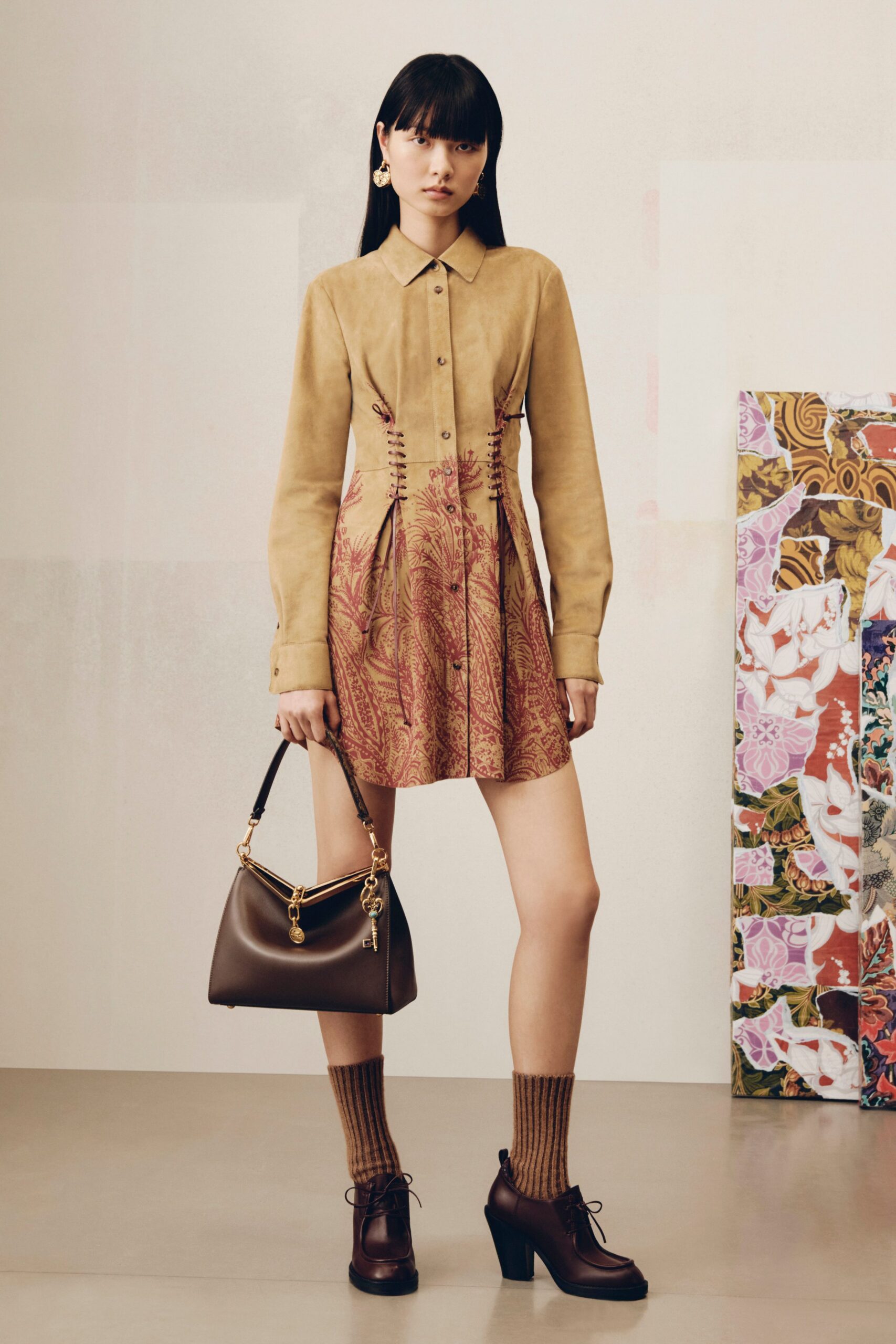 brown suede long-sleeve collared fitted pleated printed dress
