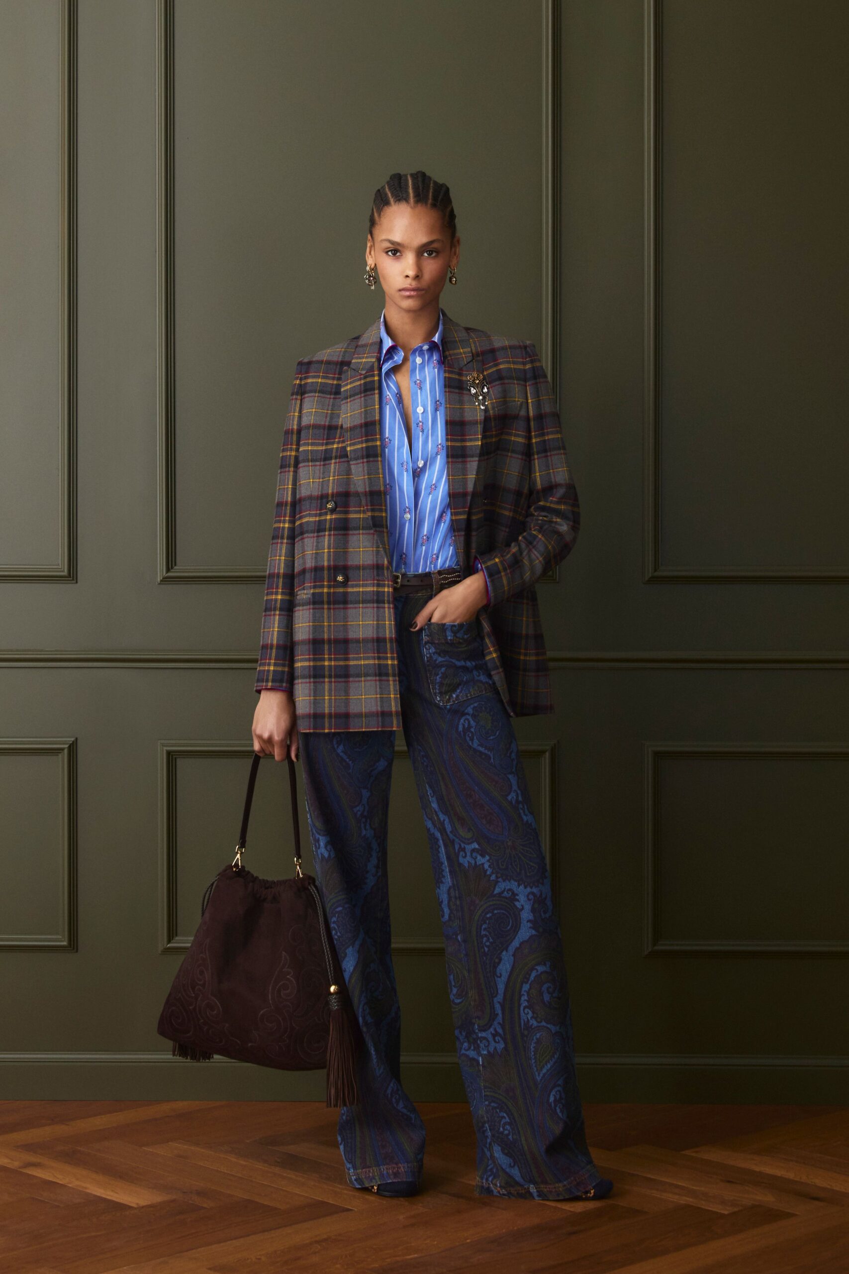 purple cotton long-sleeve collared tailored checked blazer