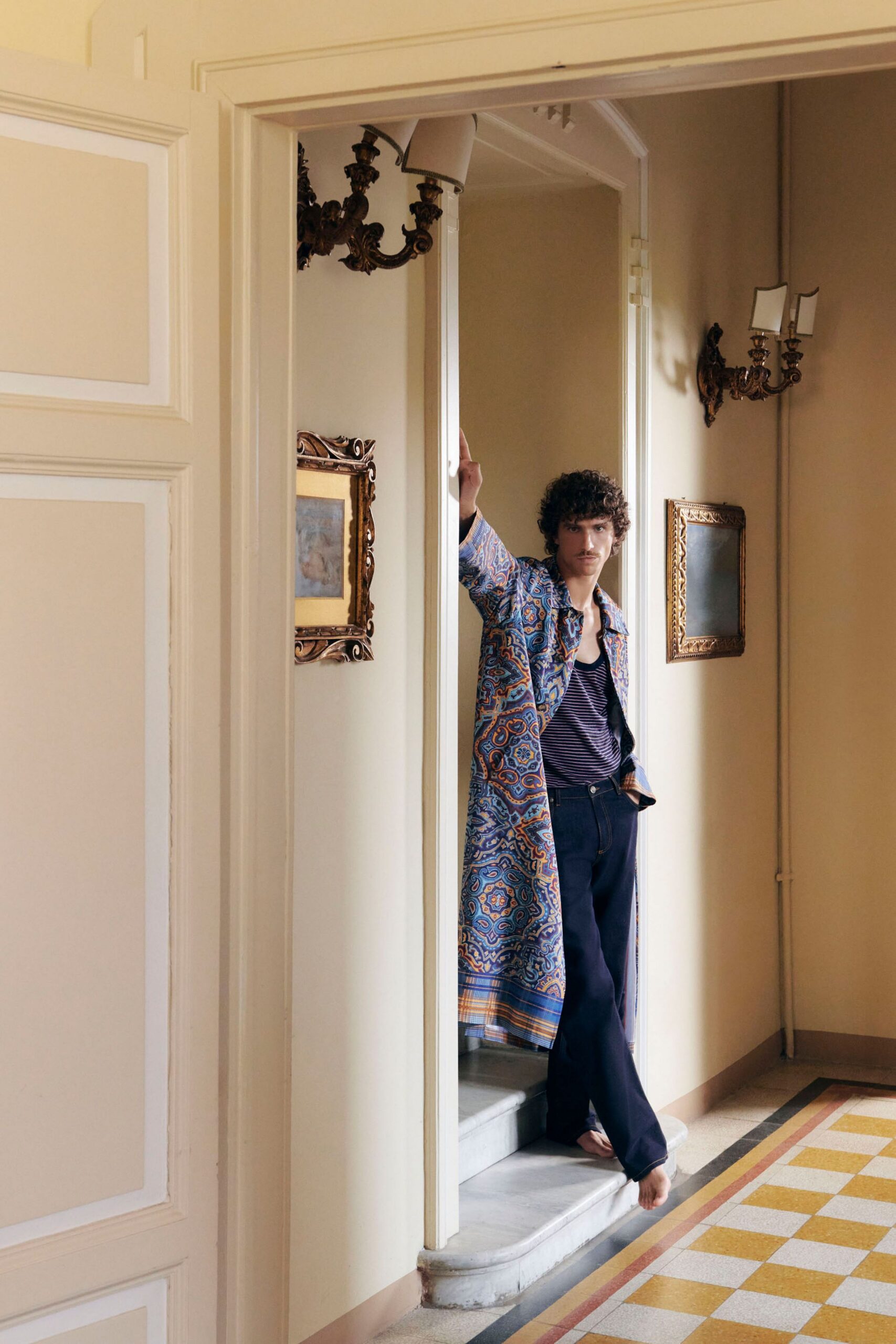 blue printed coat with black shirt