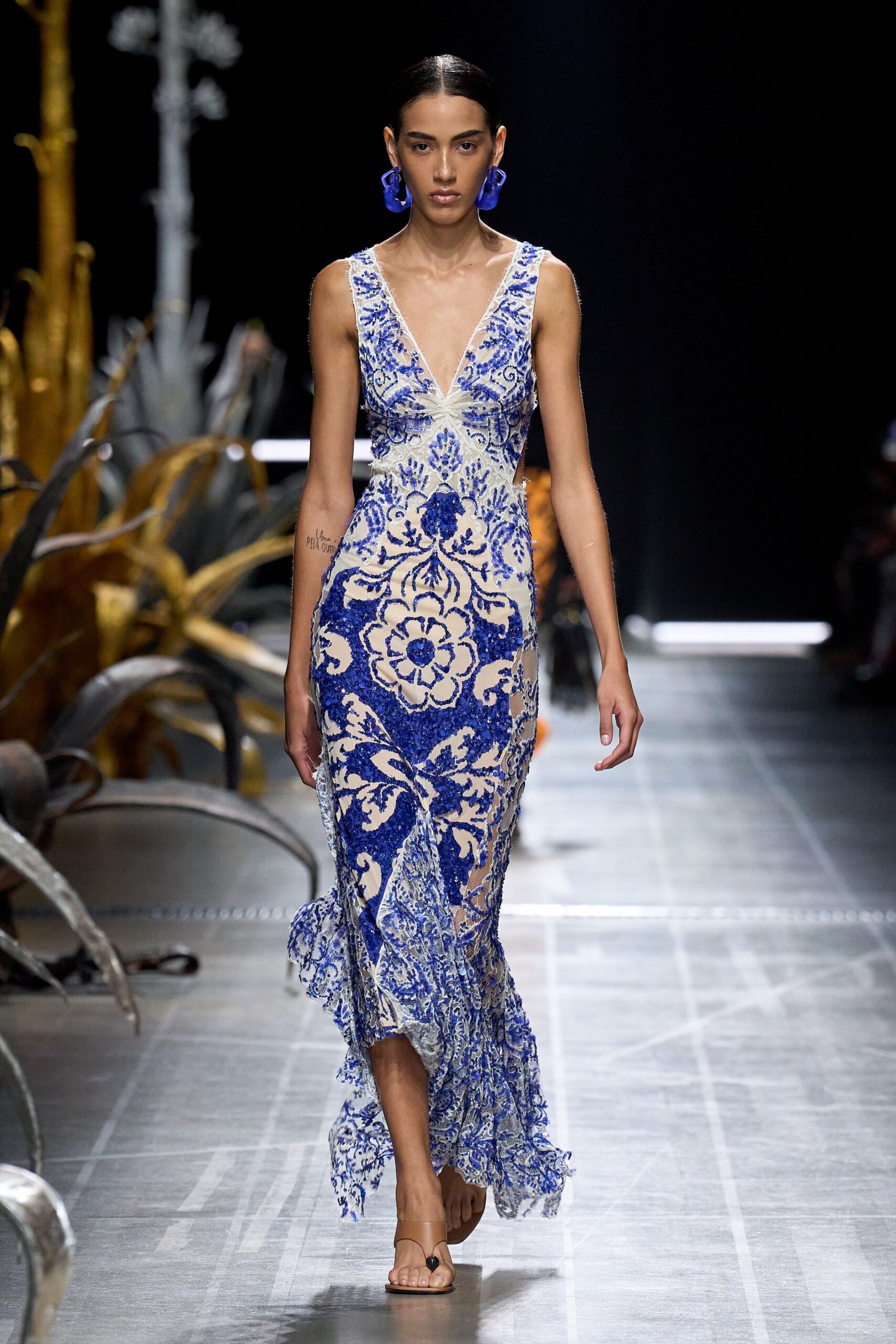 blue silk sleeveless v-neck fitted flared embroidered dress