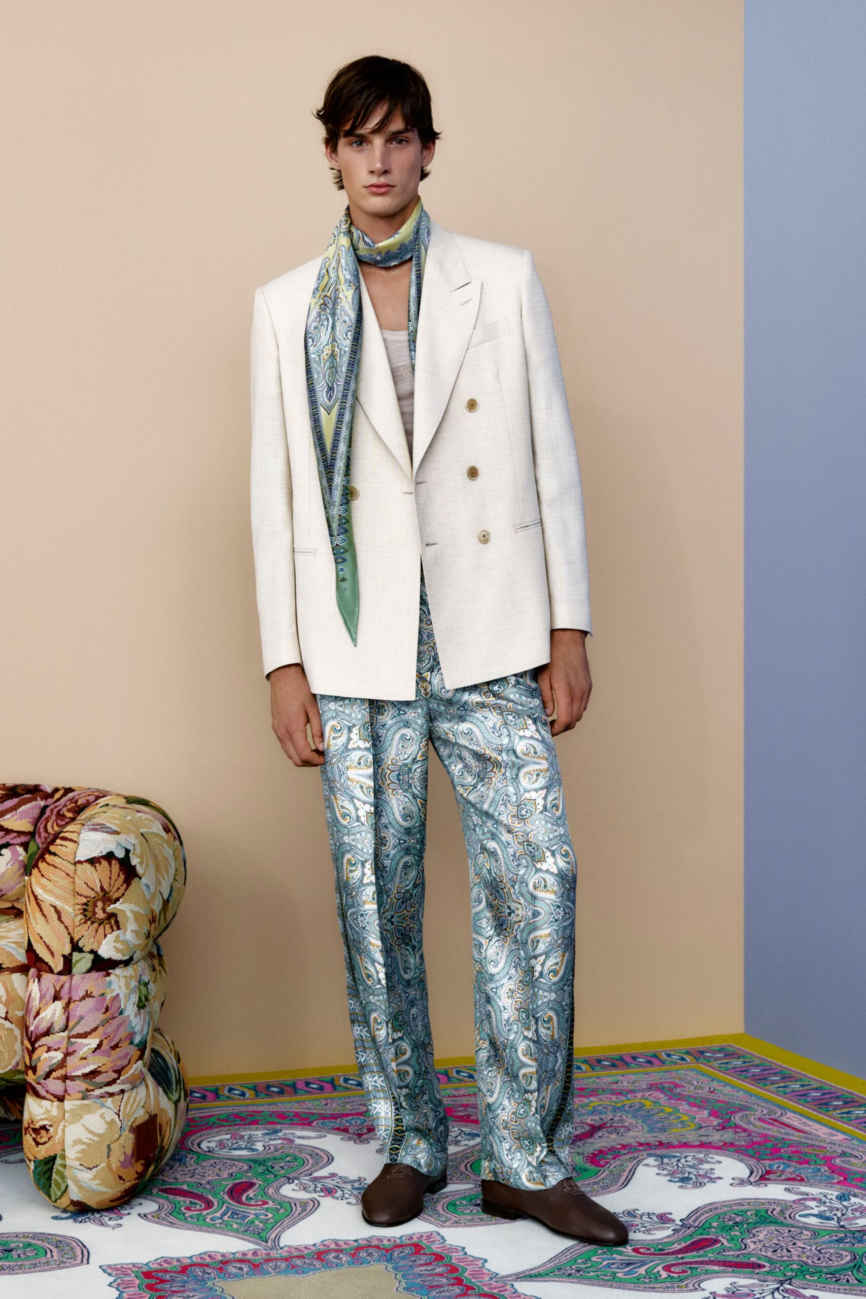 blue silk fitted flared shiny pants
