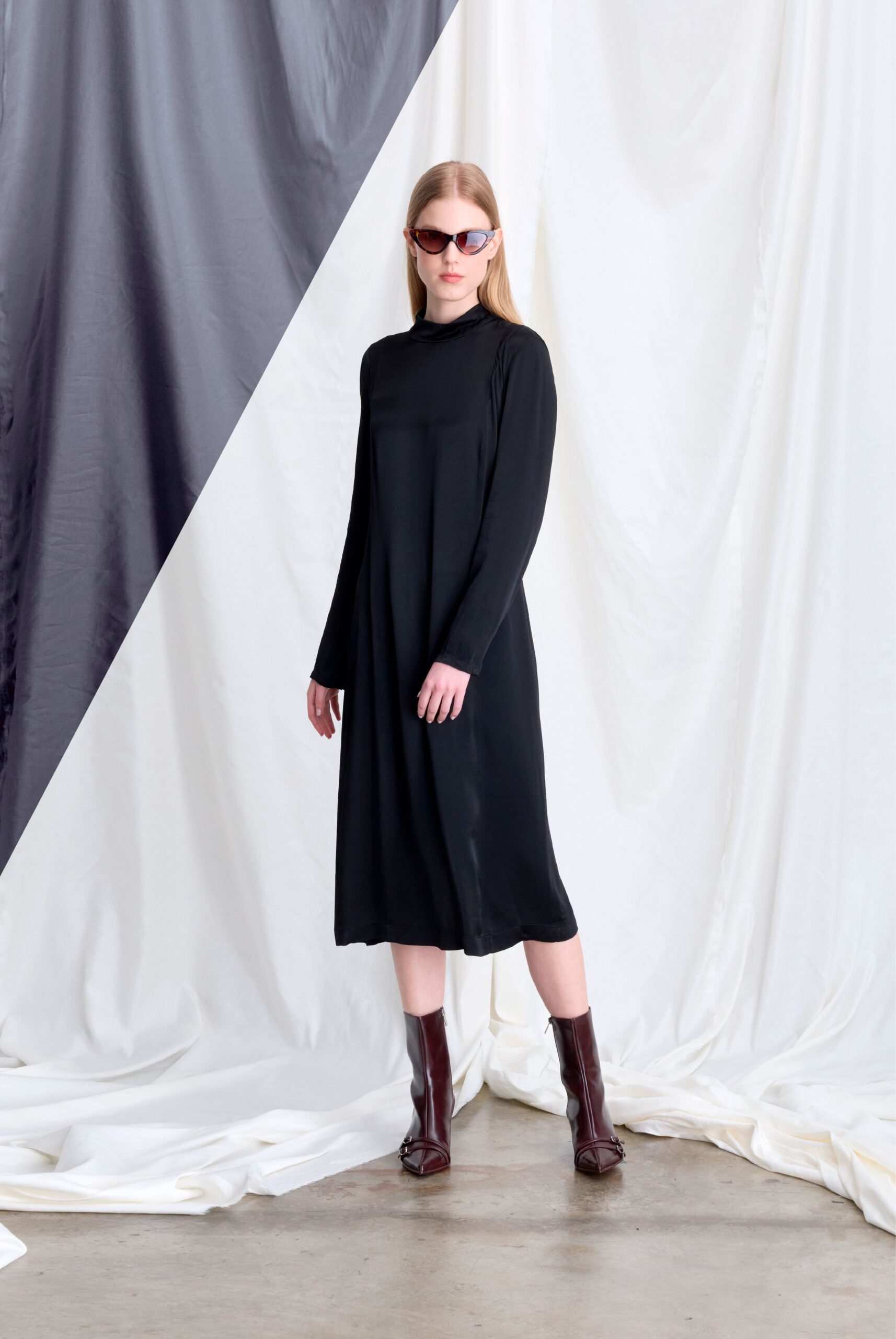 black silk long-sleeve high-neck relaxed straight-leg flowing dress