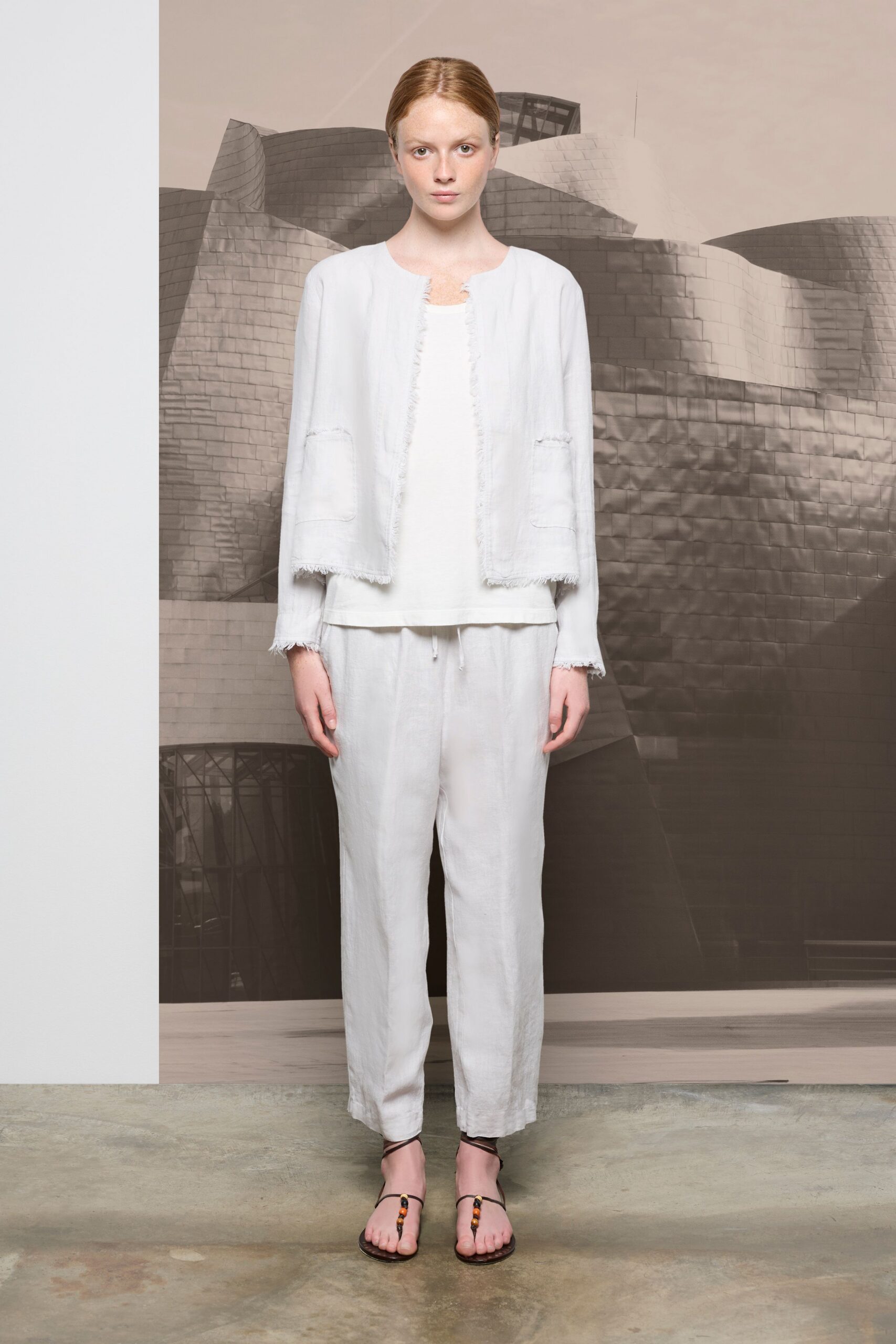 white linen jacket with relaxed pants