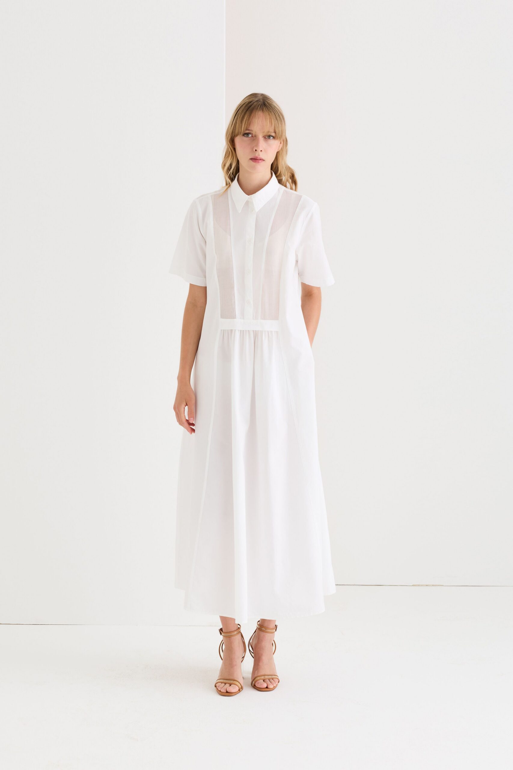 white cotton short-sleeve collared relaxed buttoned pleated shirt-dress