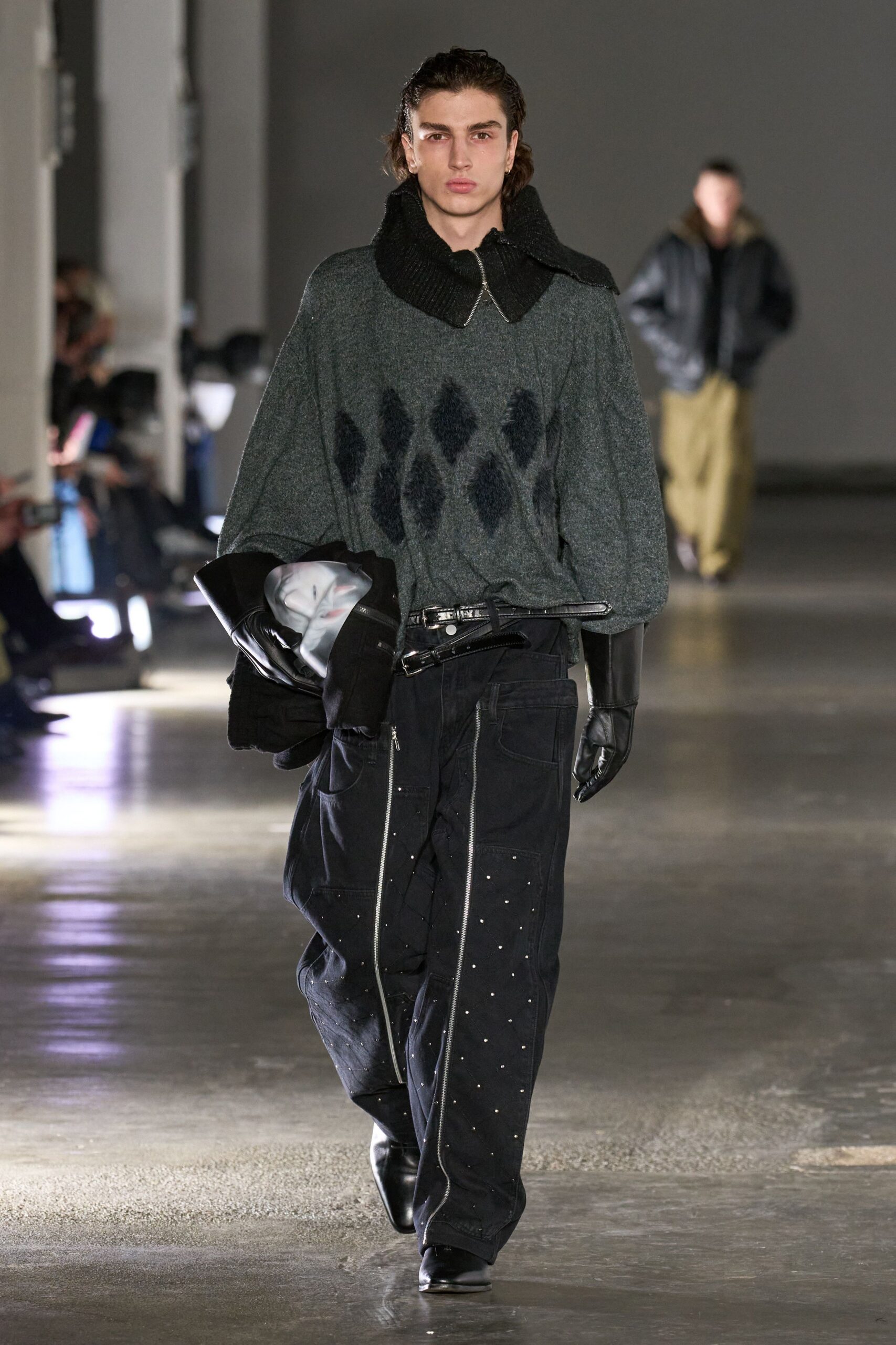 gray wool relaxed sweater with black pants