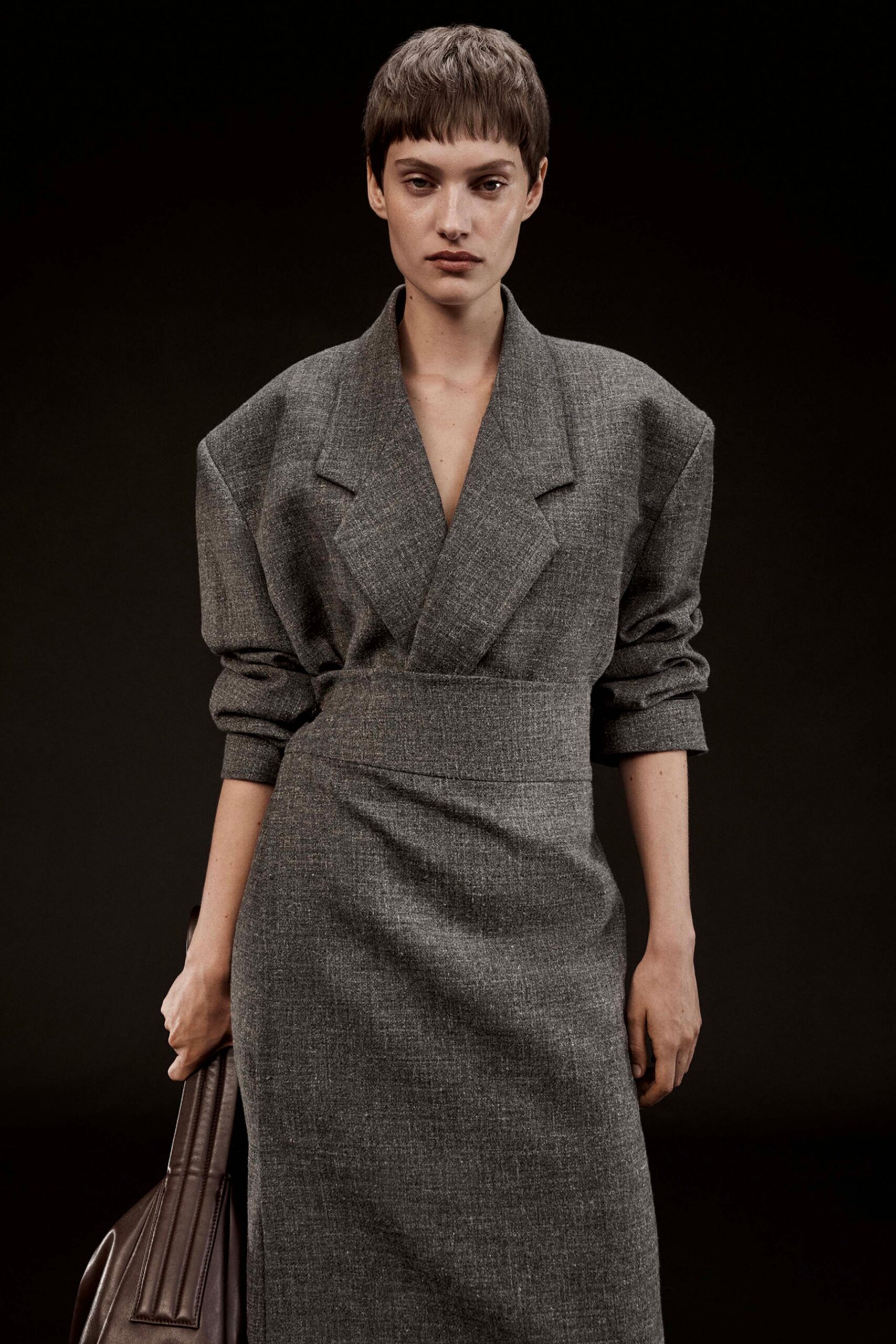 gray wool long-sleeve v-neck fitted pencil midi dress