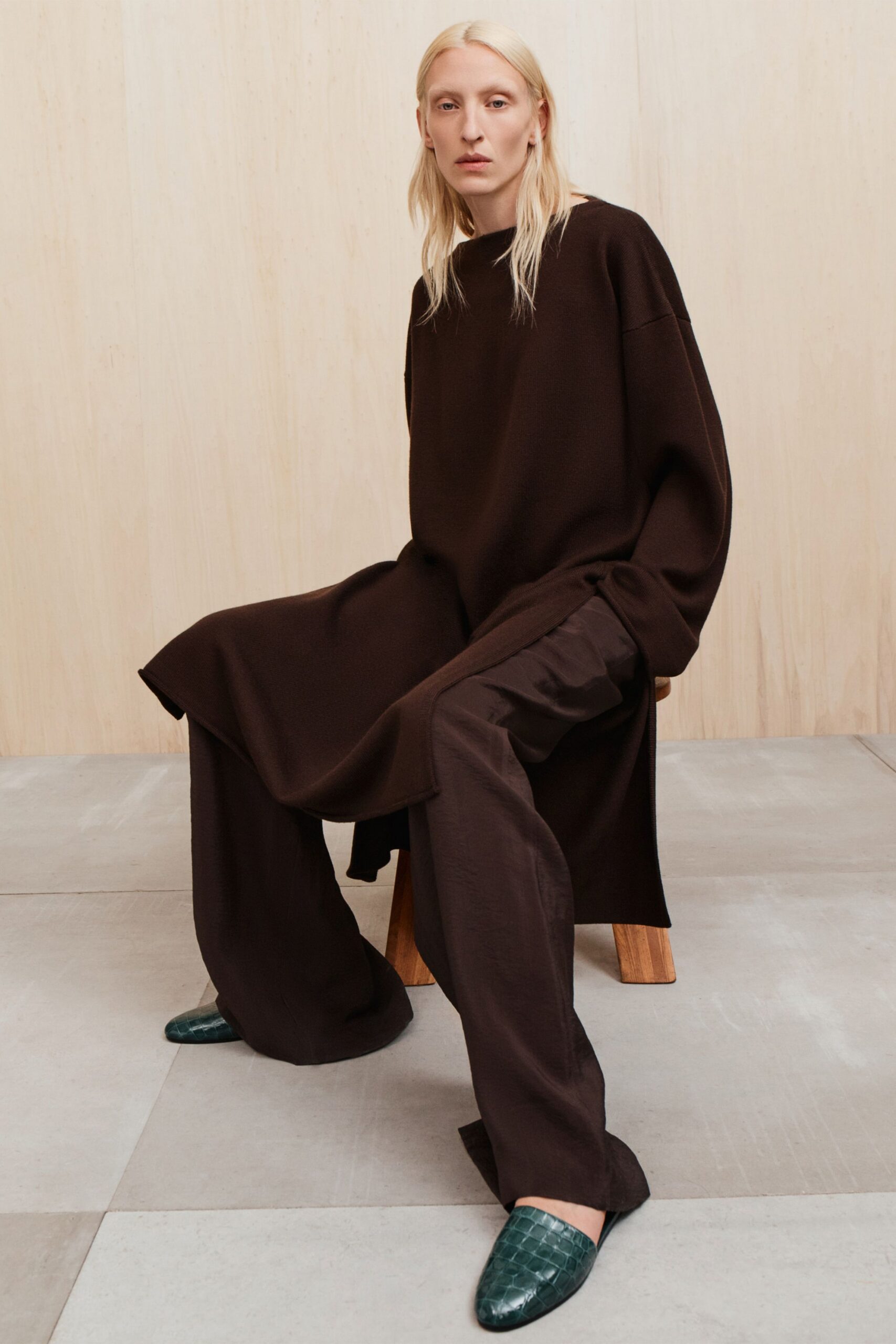 brown wool long-sleeve high-neck oversized top