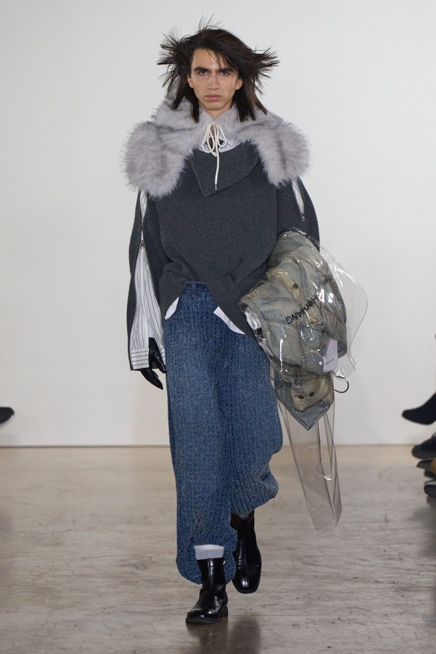 gray relaxed sweater with white shirt