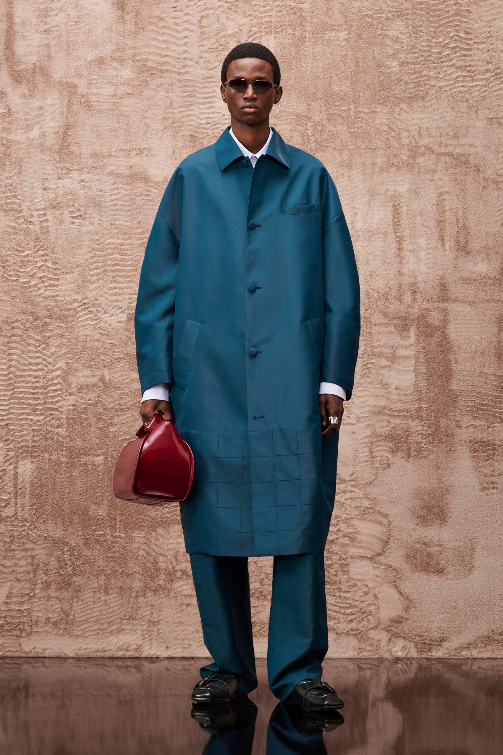 blue cotton long-sleeve collared oversized buttoned coat