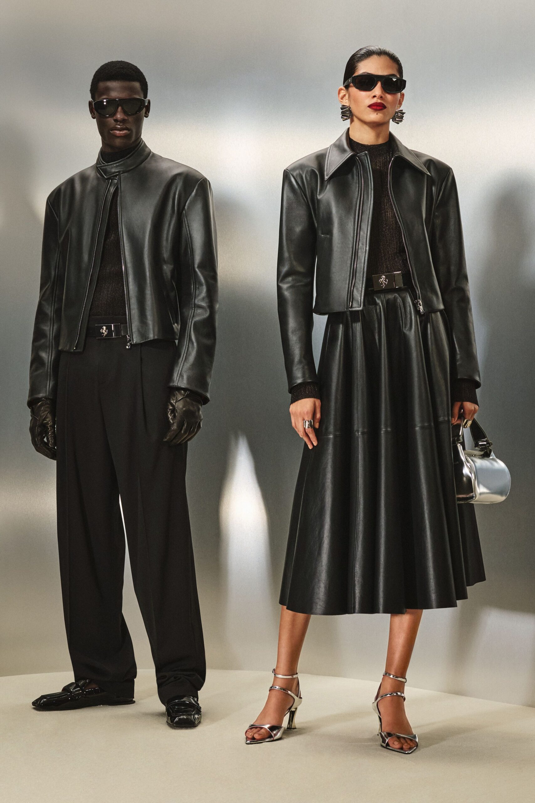 black leather jacket and skirt ensemble