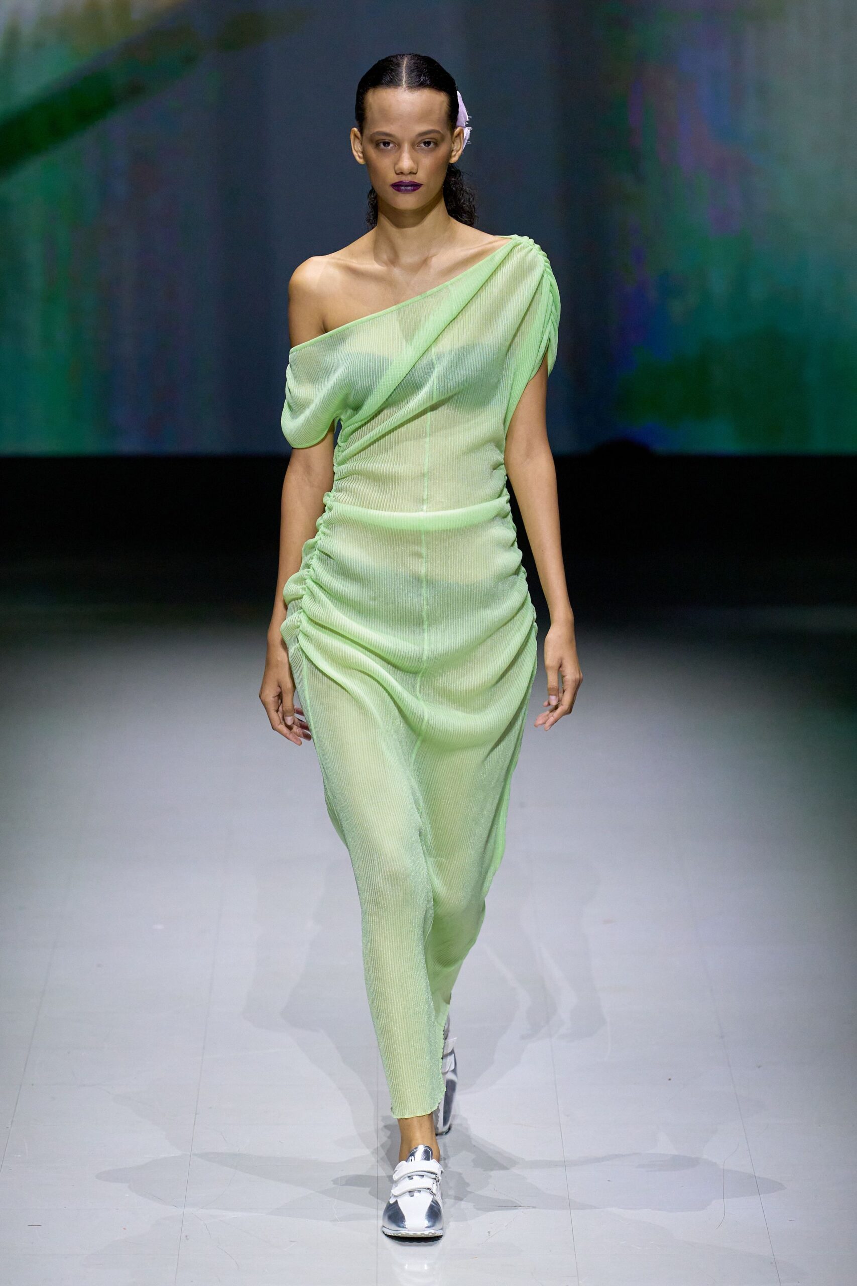 green mesh sleeveless off-shoulder fitted ruched sheer dress