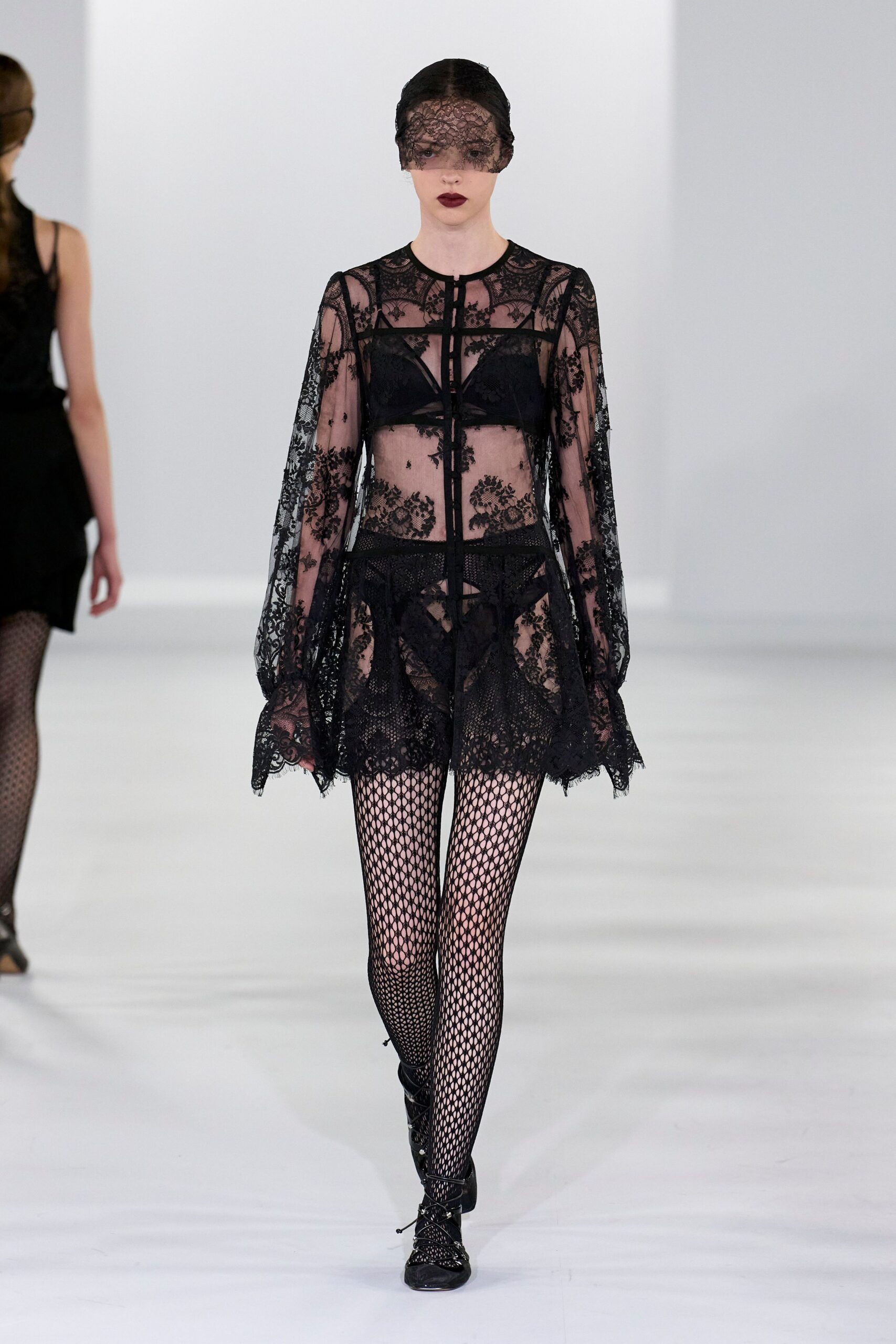 black lace long-sleeve v-neck fitted embroidered sheer dress
