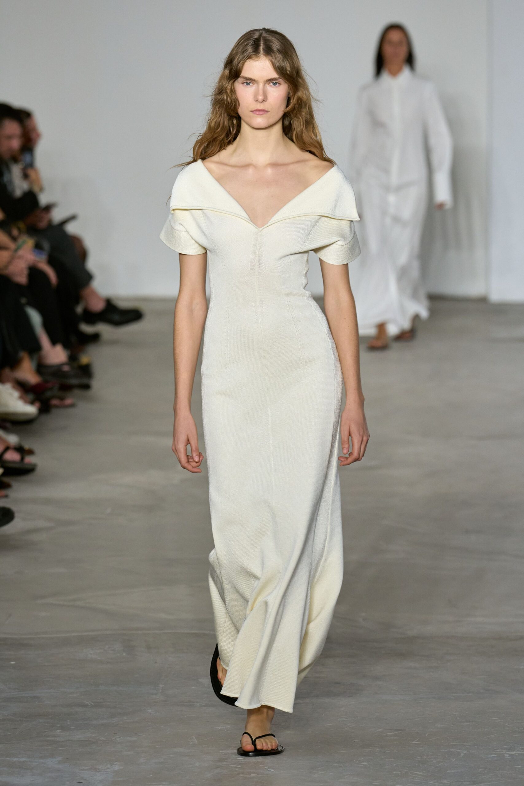 white fitted gown with sandals