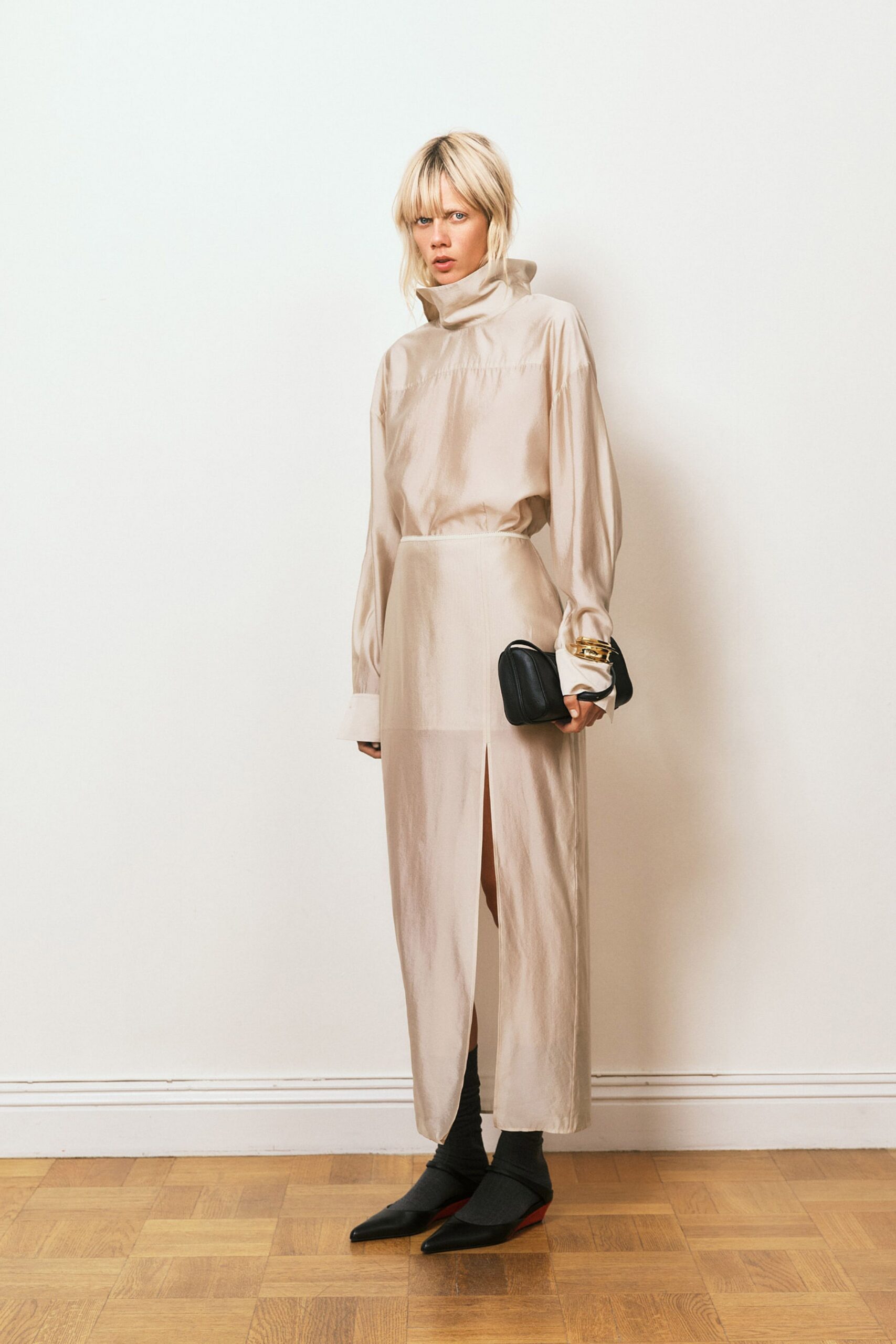 beige silk long-sleeve high-neck fitted layered sheer dress