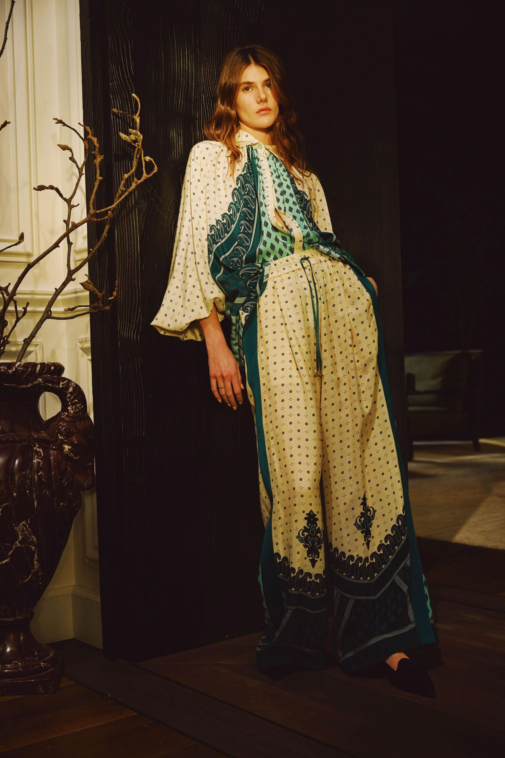 printed silk blouse and pants