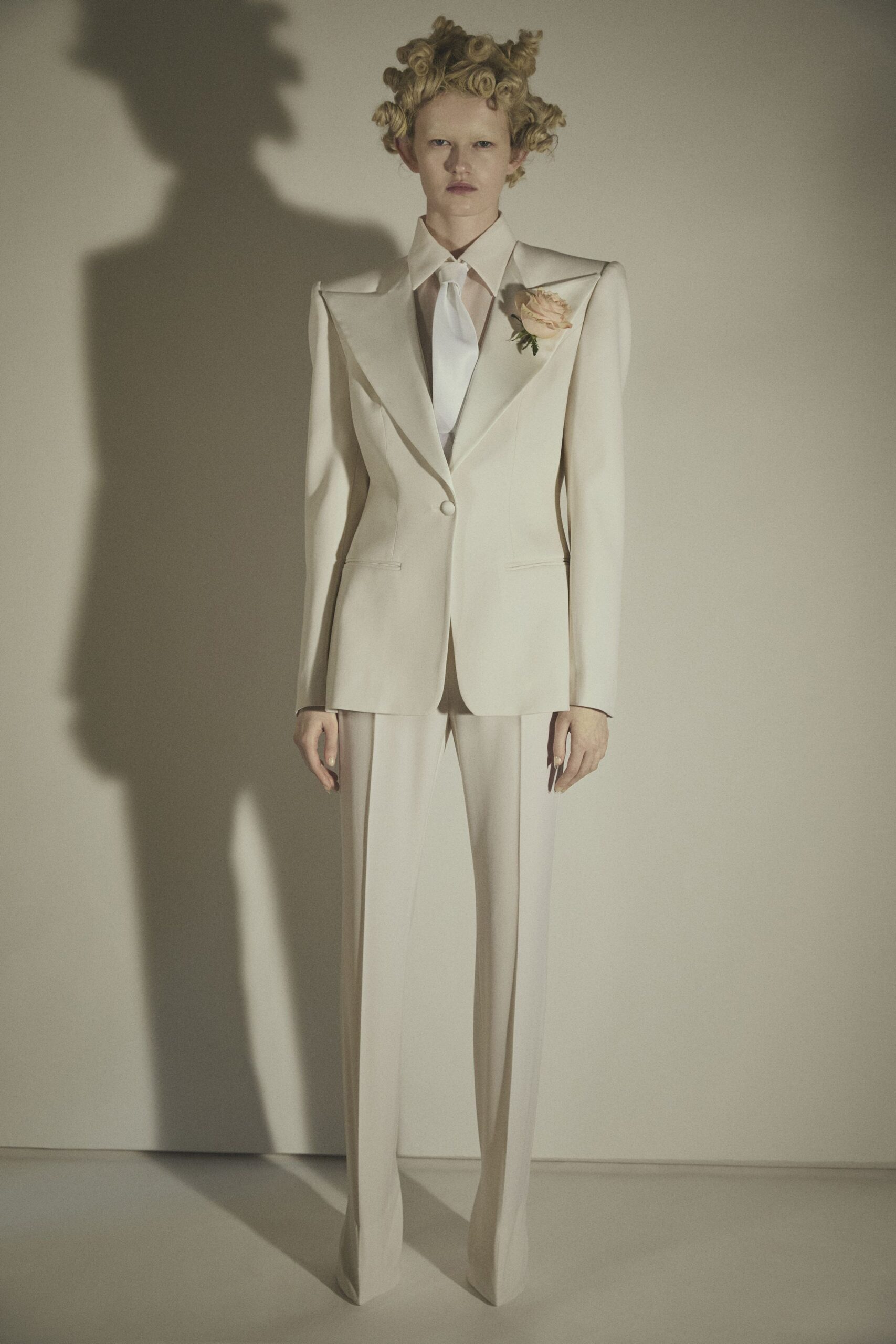 beige silk long-sleeve collared tailored buttoned suit