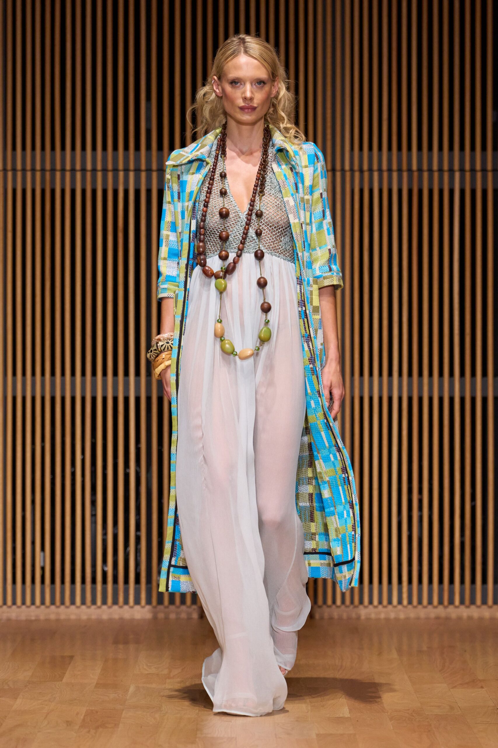 white chiffon maxi dress with printed coat