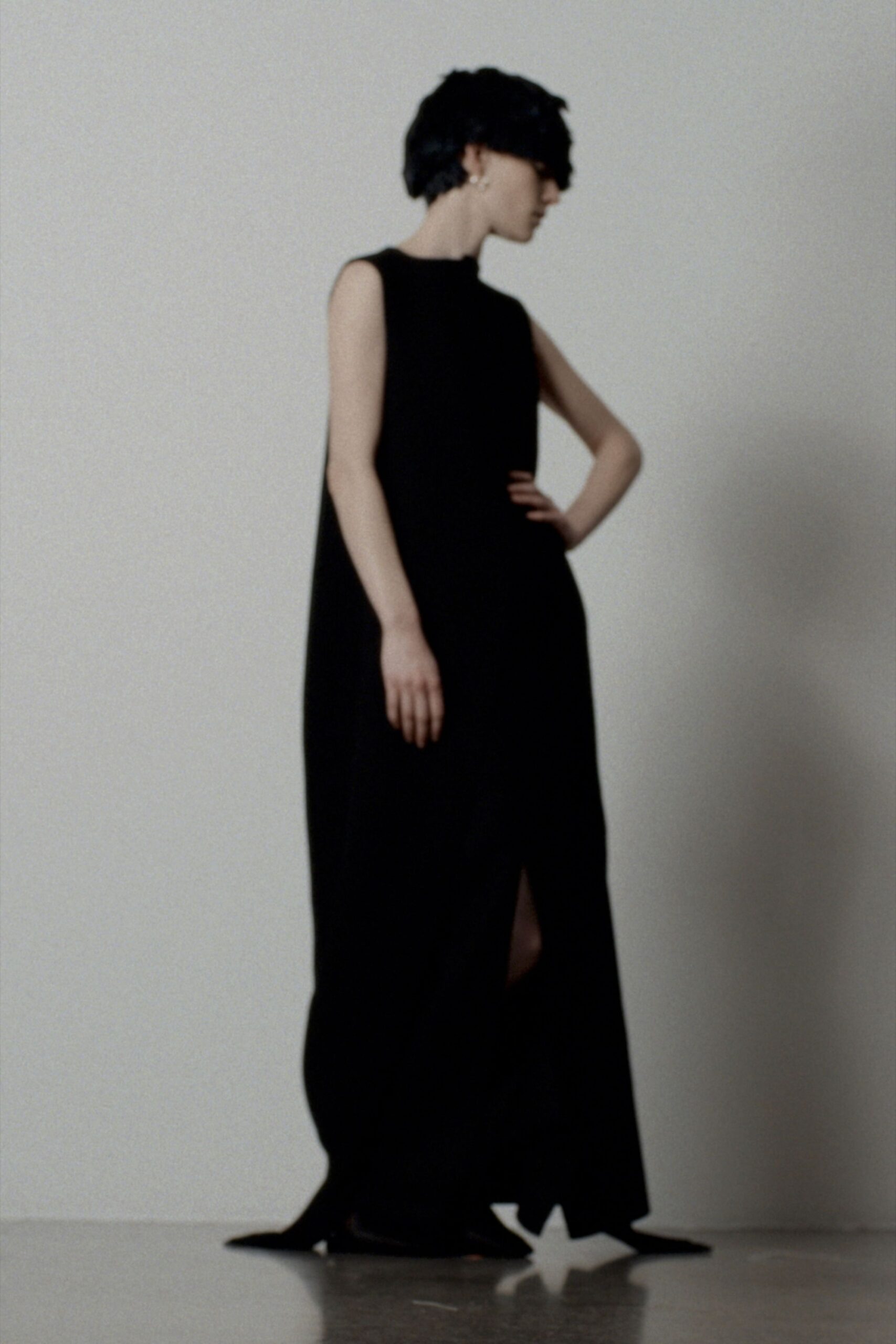 black silk sleeveless gown