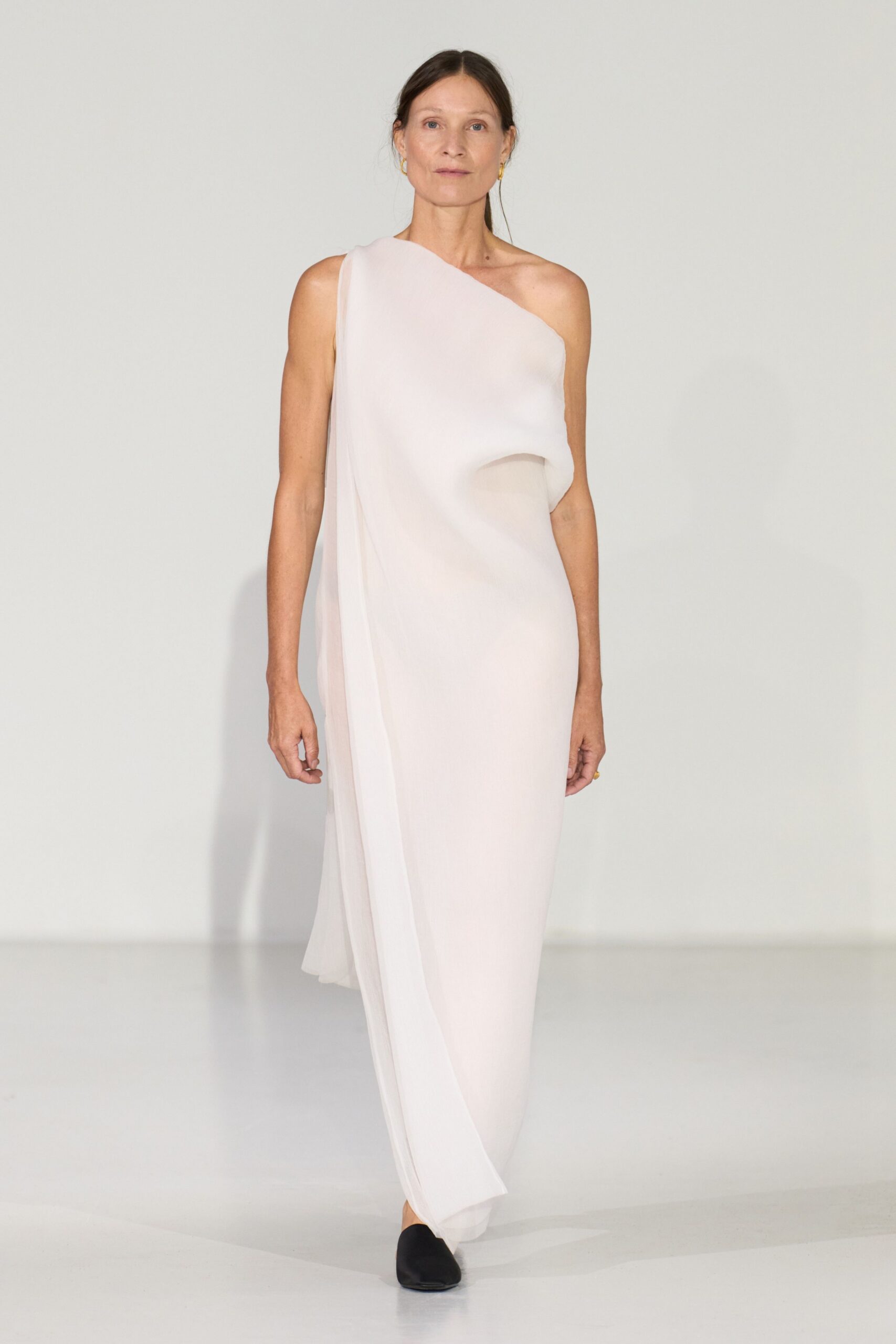 white asymmetric draped gown