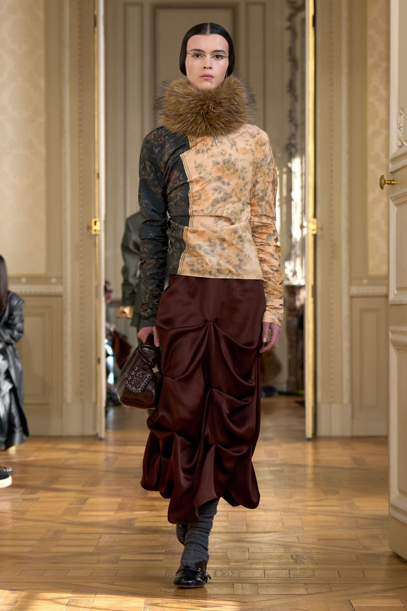 fitted brown silk top and skirt
