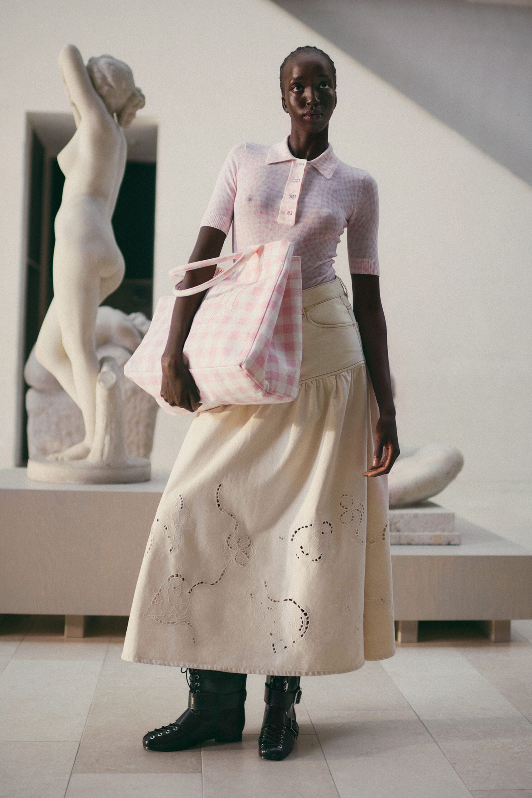 pink checked top beige embroidered skirt