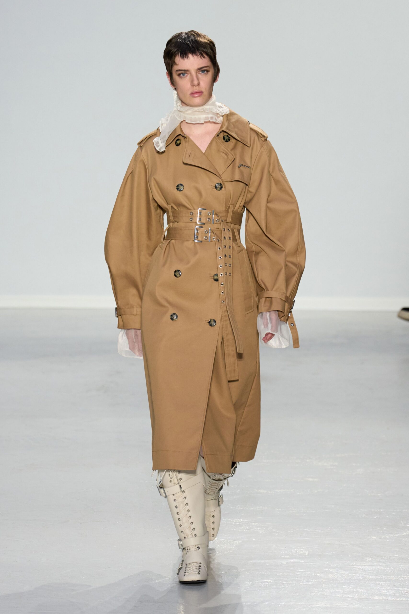 brown cotton long-sleeve collared relaxed belted trench