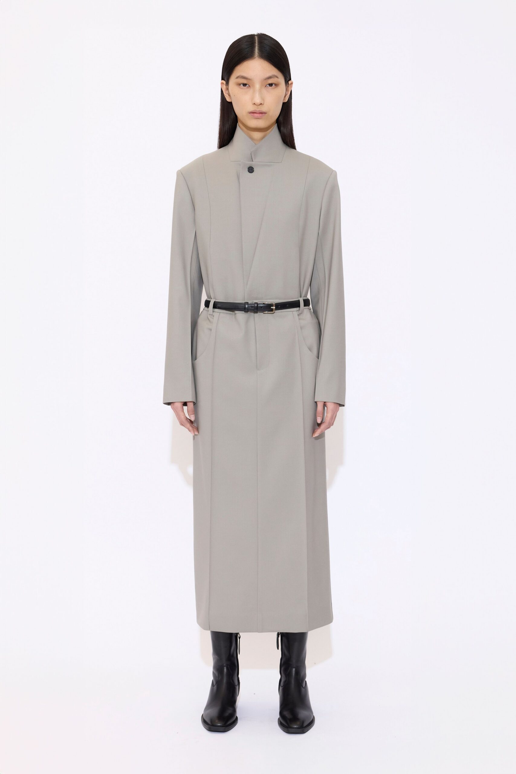 gray cotton long-sleeve collared fitted straight-leg belted dress