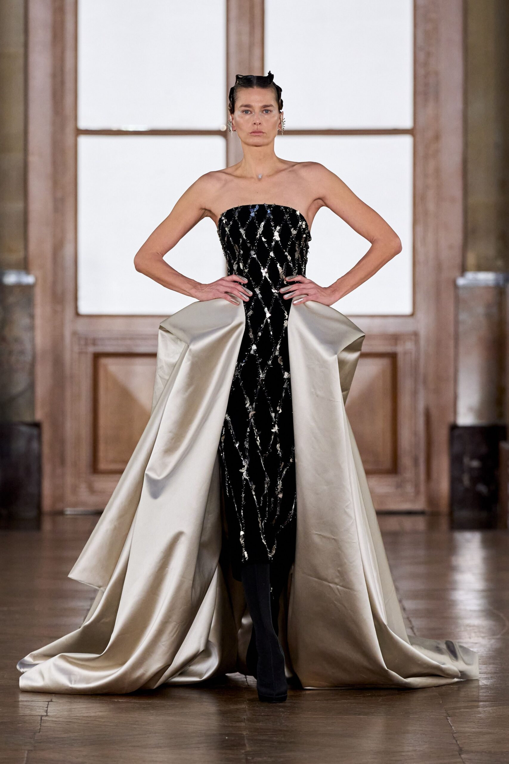 black and gold strapless gown